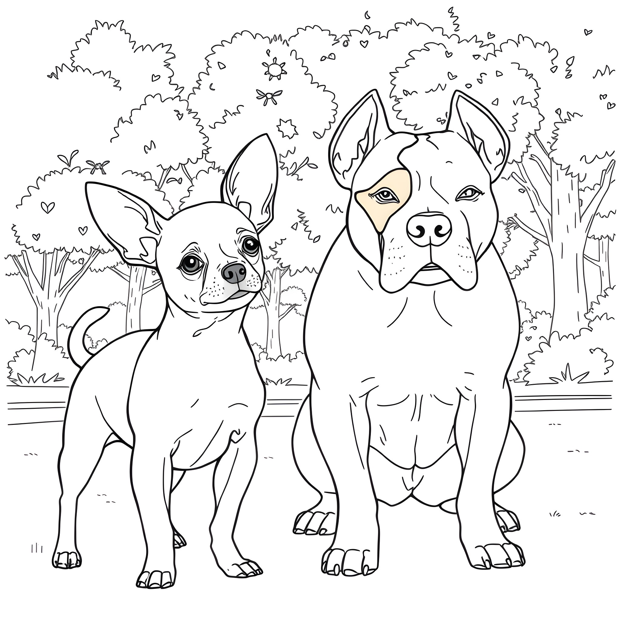 Chihuahua friends exploring the outdoors Coloring Page (free black-and-white line drawing printable PDF for all, from beginners to advanced learners, including children, teens, adults, and seniors)