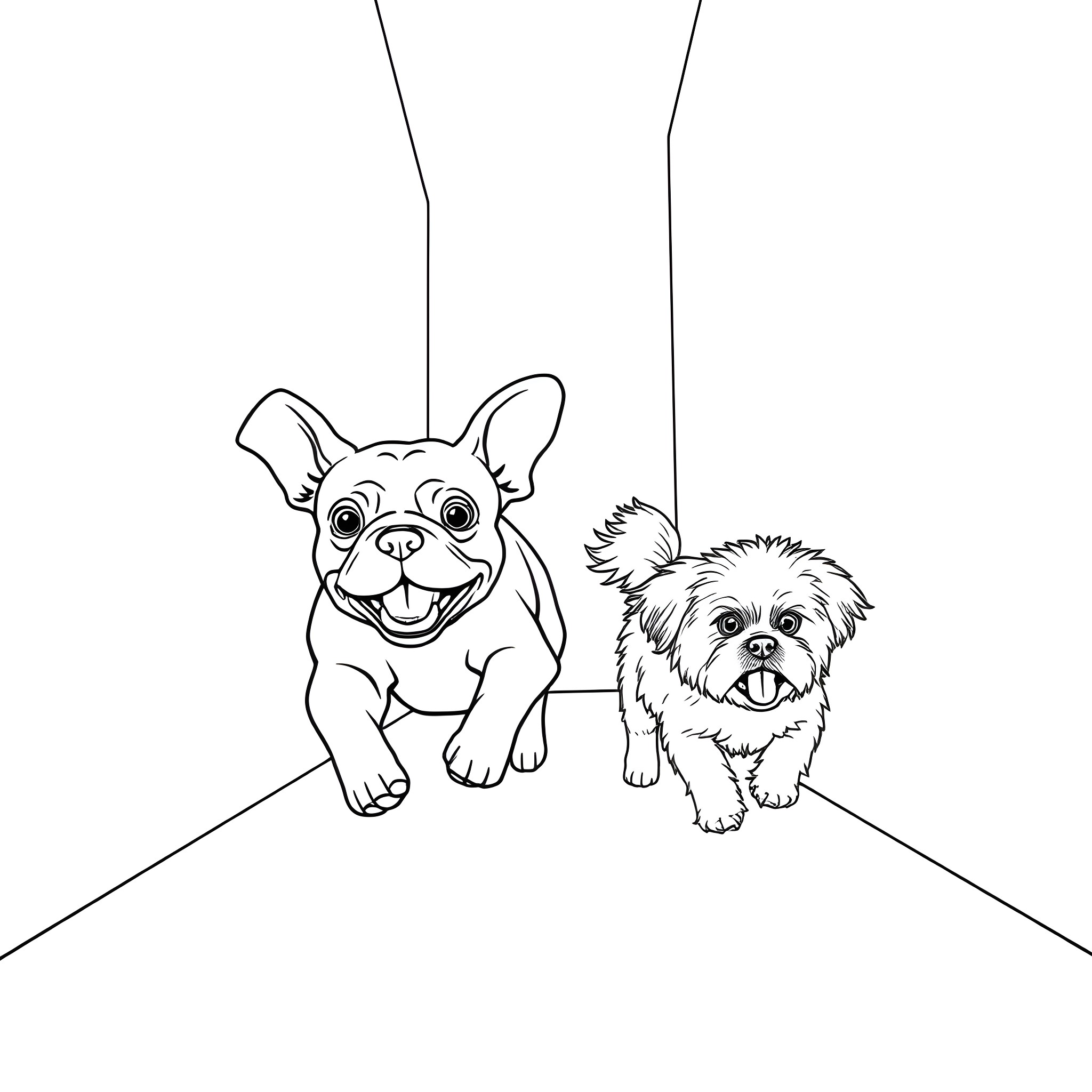 Frenchie and Poodle Pups Playing Together Coloring Page (free black-and-white line drawing printable PDF for all, from beginners to advanced learners, including children, teens, adults, and seniors)
