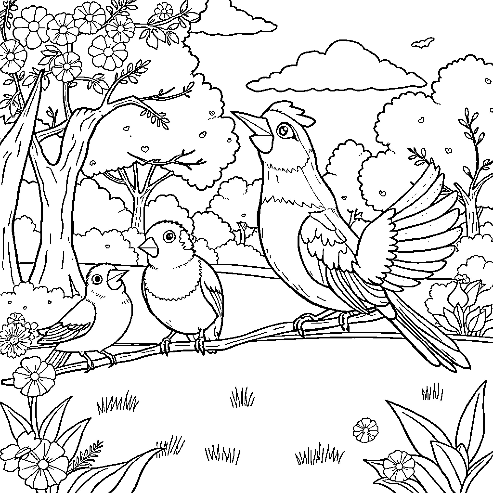 Bird Enjoying Nature's Beauty Coloring Page (free black-and-white line drawing printable PDF for all, from beginners to advanced learners, including children, teens, adults, and seniors)