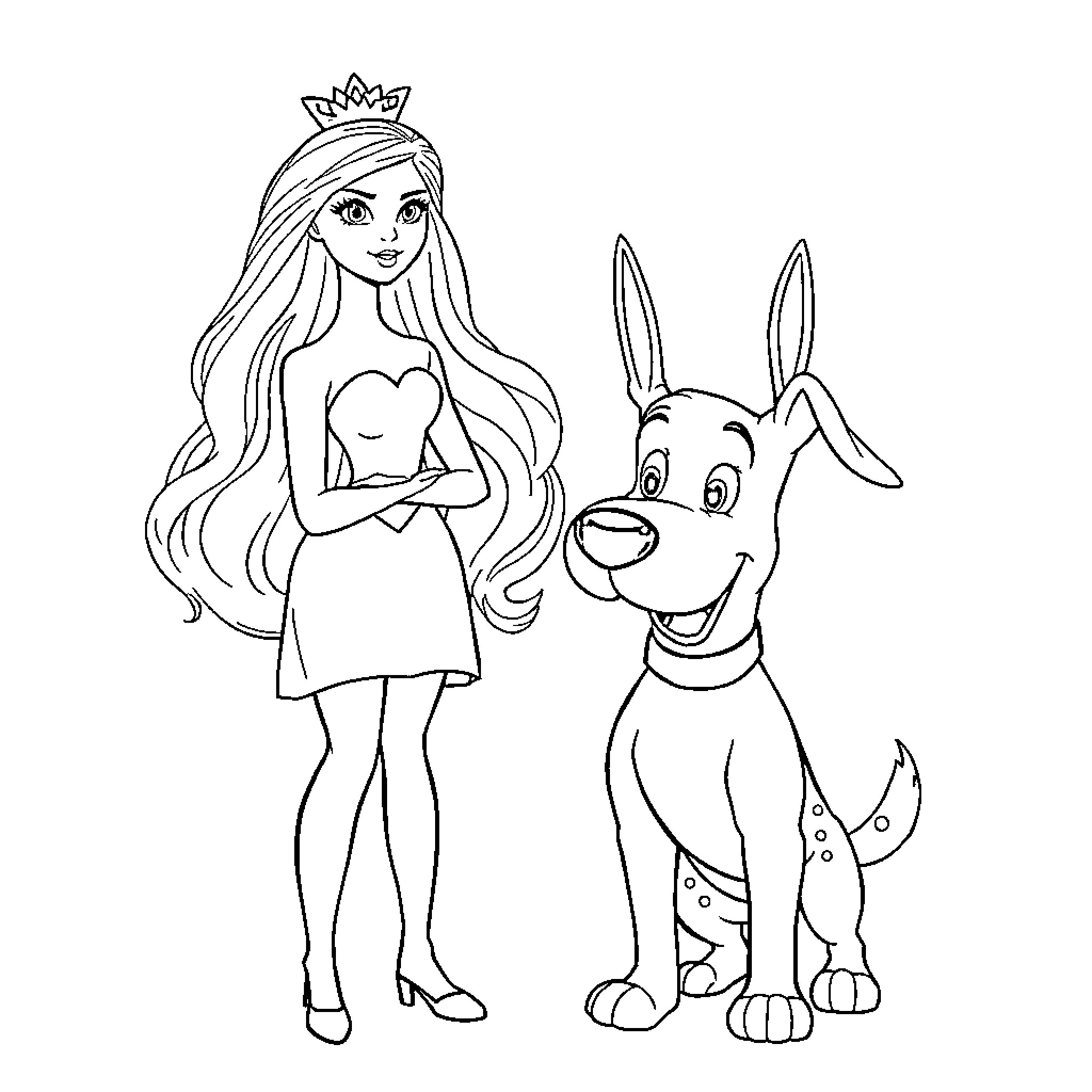 Barbie and her adorable companion Coloring Page (free black-and-white line drawing printable PDF for all, from beginners to advanced learners, including children, teens, adults, and seniors)