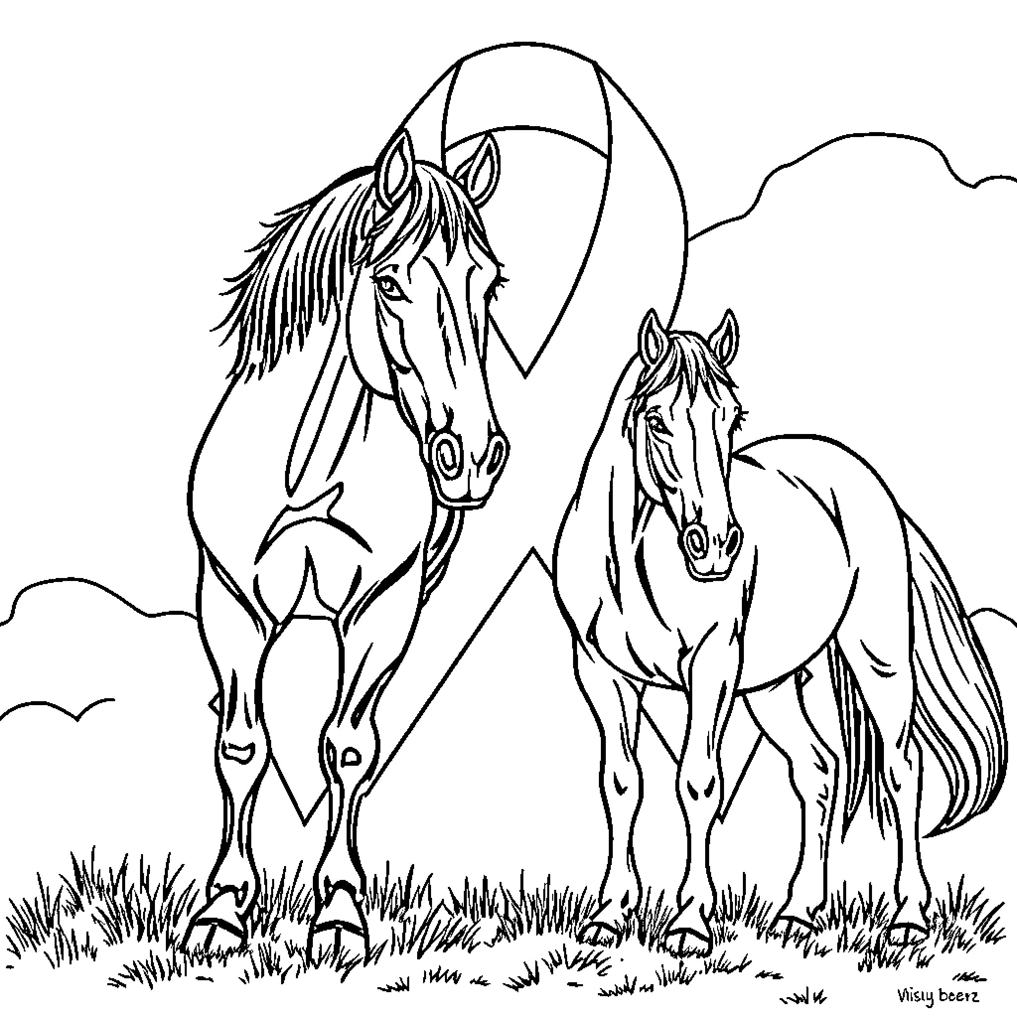 Mustang horses roaming freely in the wilderness Coloring Page (free black-and-white line drawing printable PDF for all, from beginners to advanced learners, including children, teens, adults, and seniors)