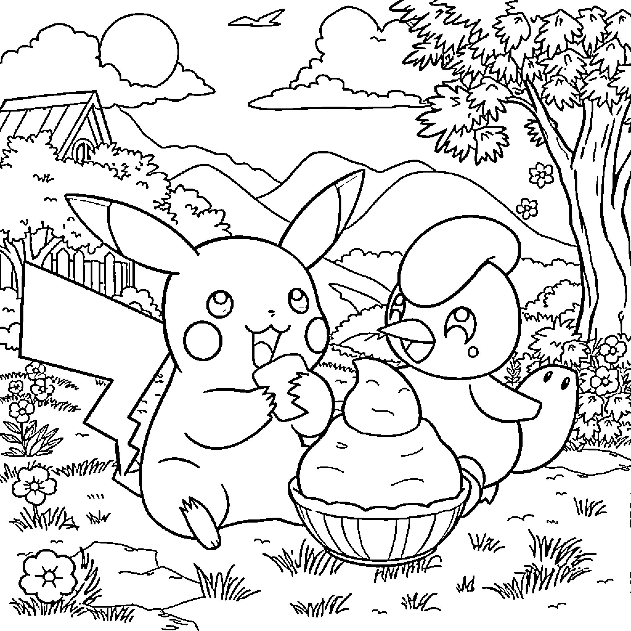 Pikachu and Friends in Outdoor Adventure Coloring Page (free black-and-white line drawing printable PDF for all, from beginners to advanced learners, including children, teens, adults, and seniors)