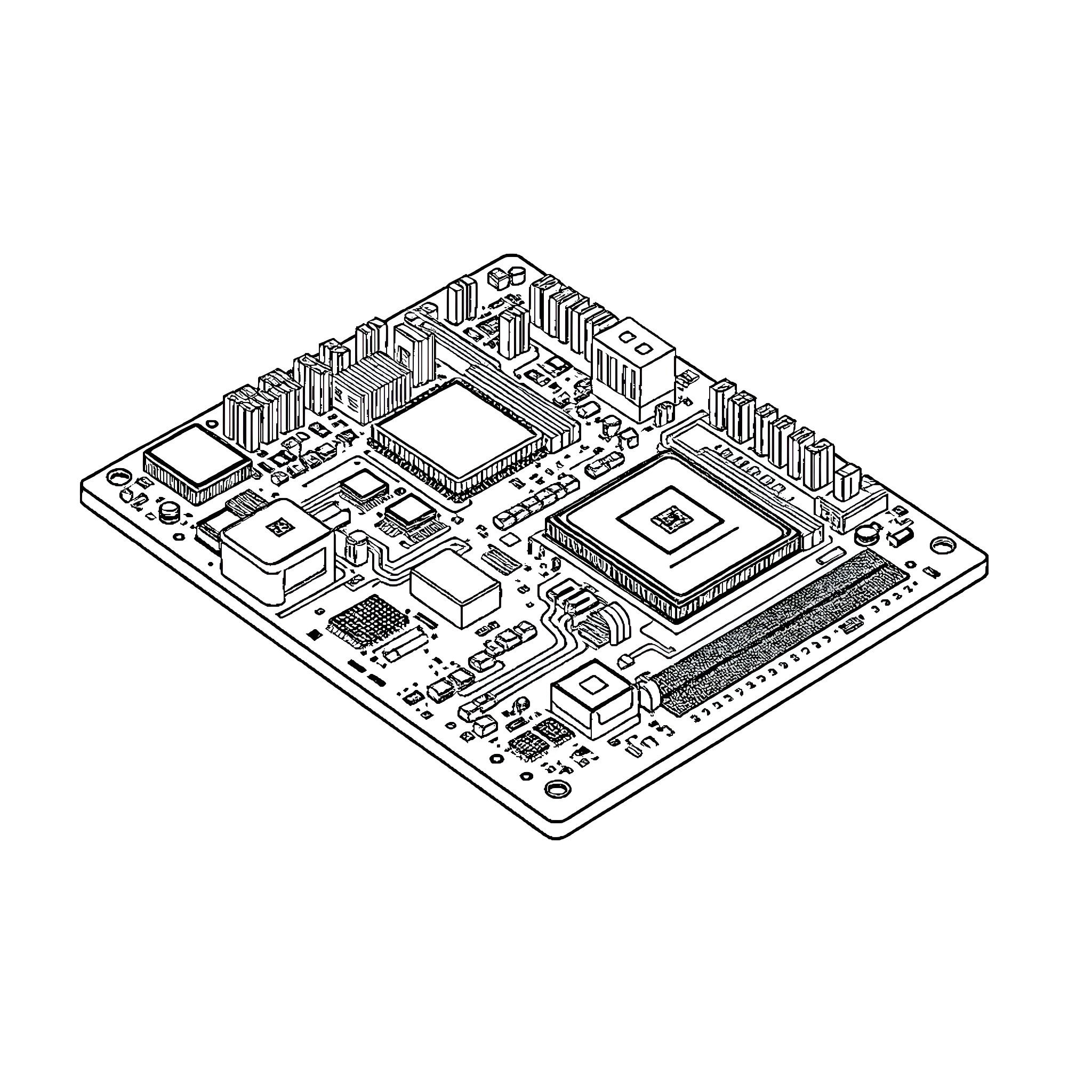 Circuit Board with Complex Components Coloring Page (free black-and-white line drawing printable PDF for all, from beginners to advanced learners, including children, teens, adults, and seniors)
