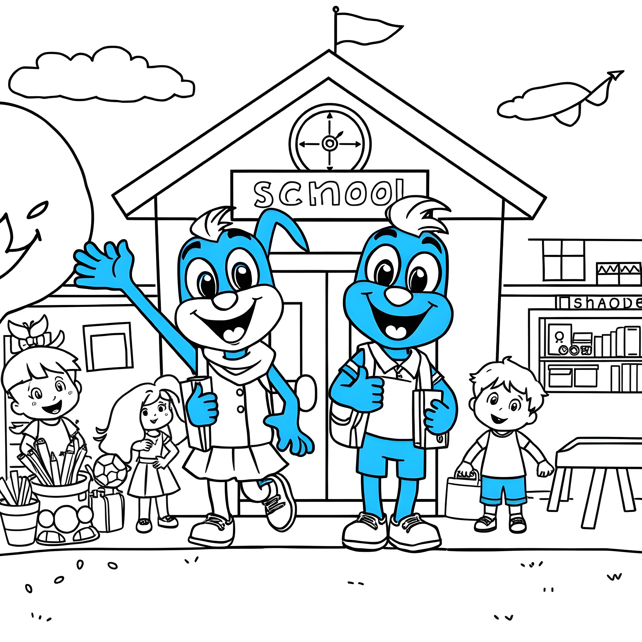 Bluey and friends enjoy school adventure Coloring Page (free black-and-white line drawing printable PDF for all, from beginners to advanced learners, including children, teens, adults, and seniors)