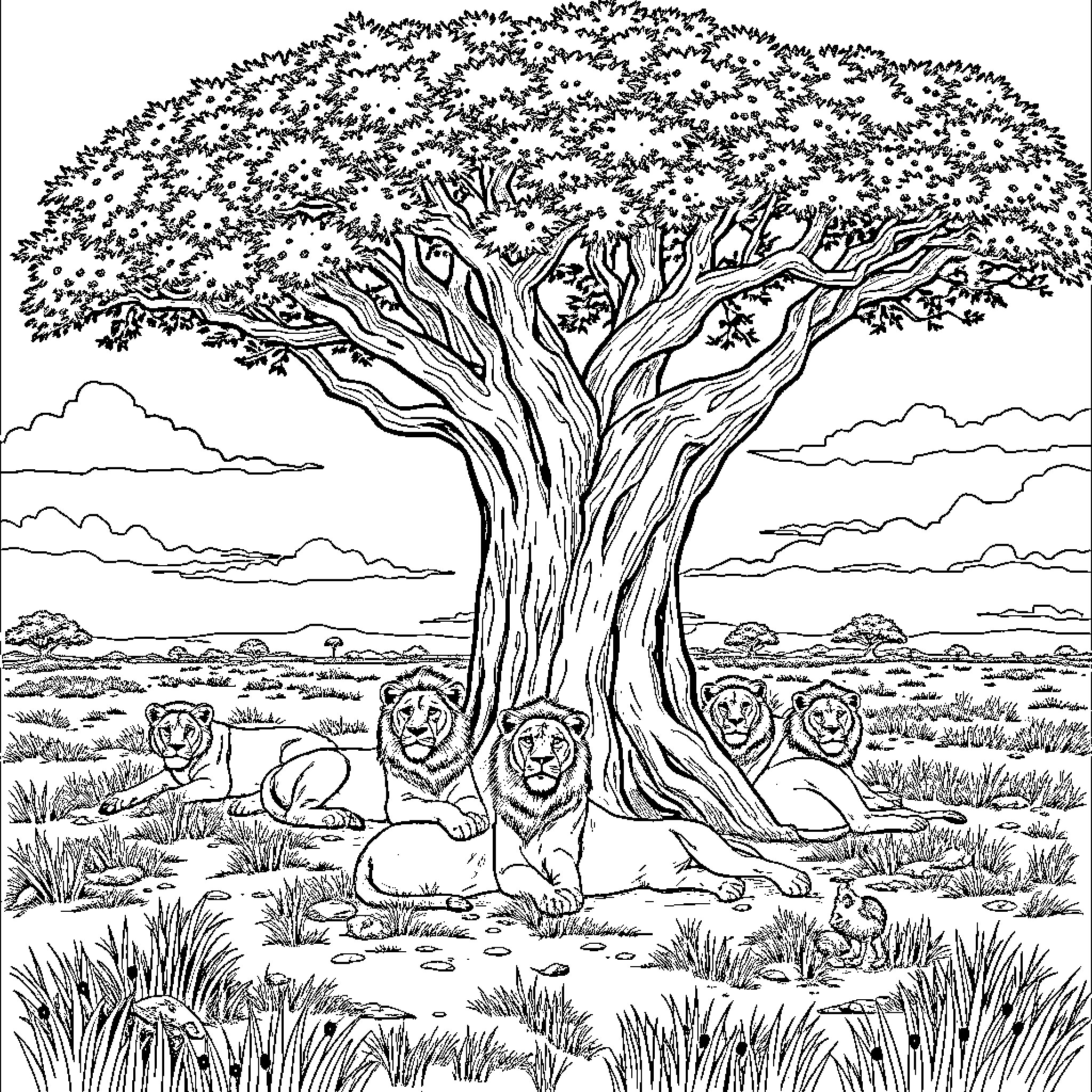 Lion Pride Relaxing Under Majestic Tree Coloring Page (free black-and-white line drawing printable PDF for all, from beginners to advanced learners, including children, teens, adults, and seniors)