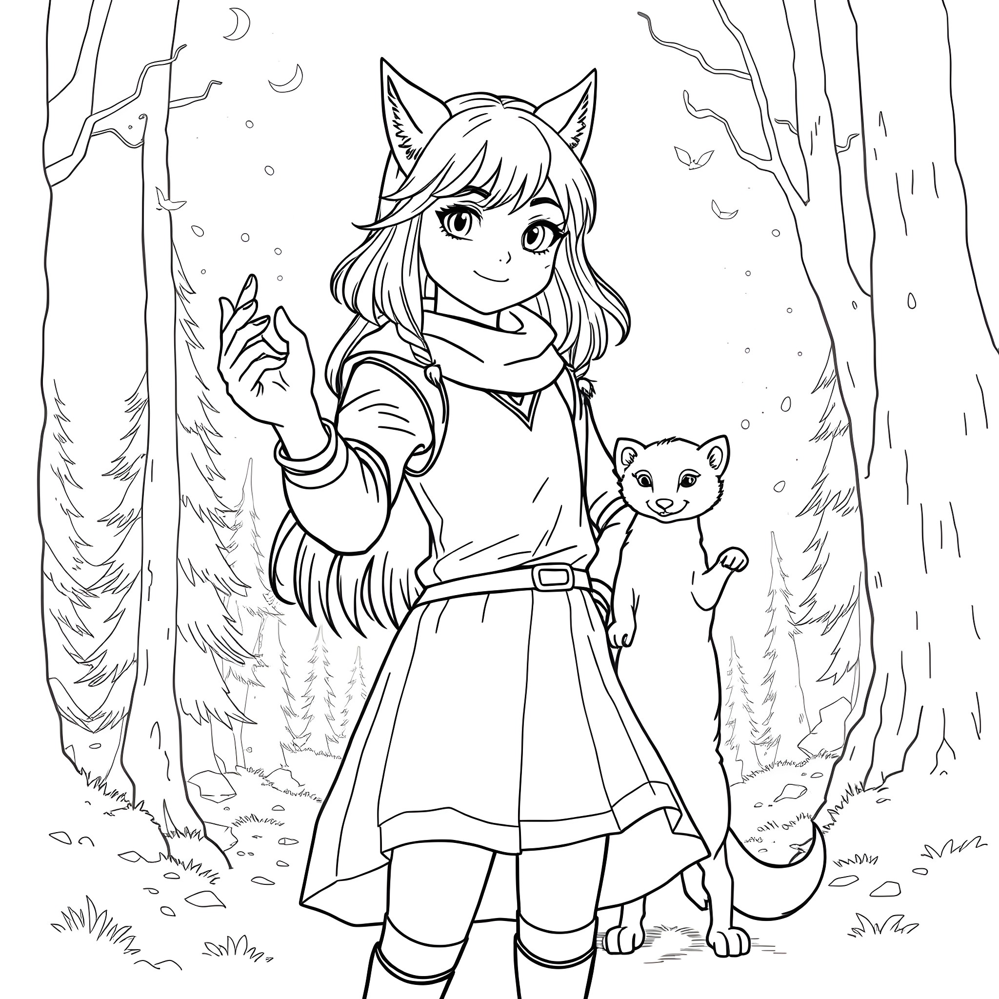 Teen Girl Exploring the Enchanted Forest with her Feline Companion Coloring Page (free black-and-white line drawing printable PDF for all, from beginners to advanced learners, including children, teens, adults, and seniors)