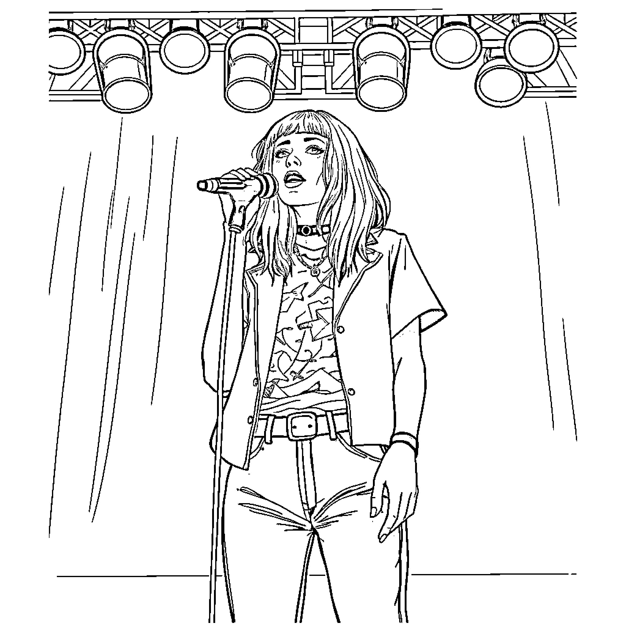 Billie Eilish performing on stage with microphone Coloring Page (free black-and-white line drawing printable PDF for all, from beginners to advanced learners, including children, teens, adults, and seniors)