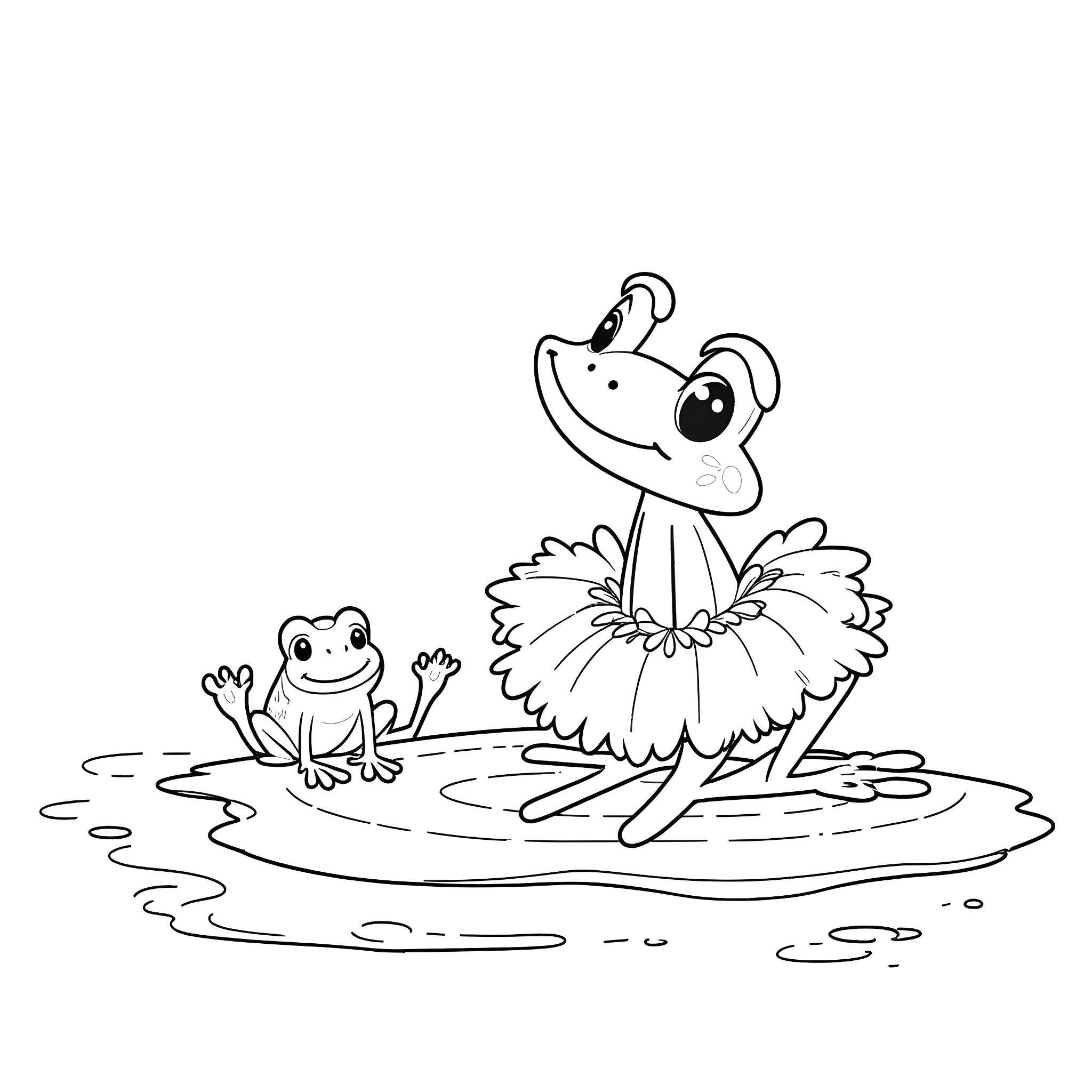 Frog dancing joyfully in the pond Coloring Page (free black-and-white line drawing printable PDF for all, from beginners to advanced learners, including children, teens, adults, and seniors)