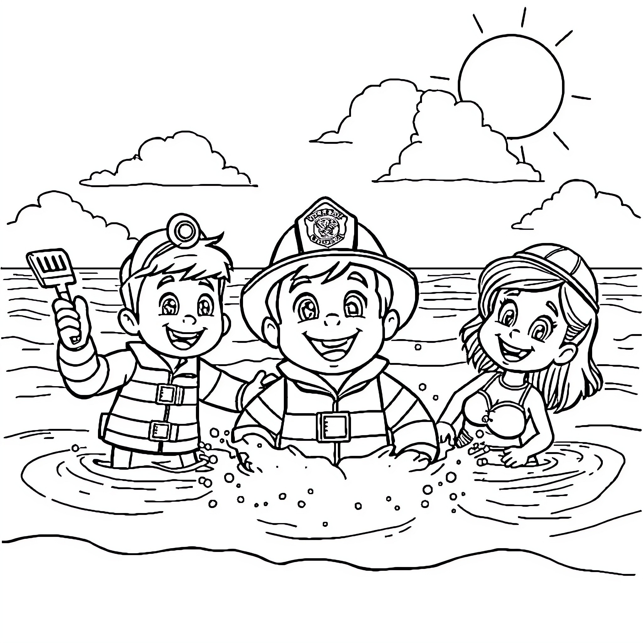 Fireman Sam and friends having fun at the beach Coloring Page (free black-and-white line drawing printable PDF for all, from beginners to advanced learners, including children, teens, adults, and seniors)