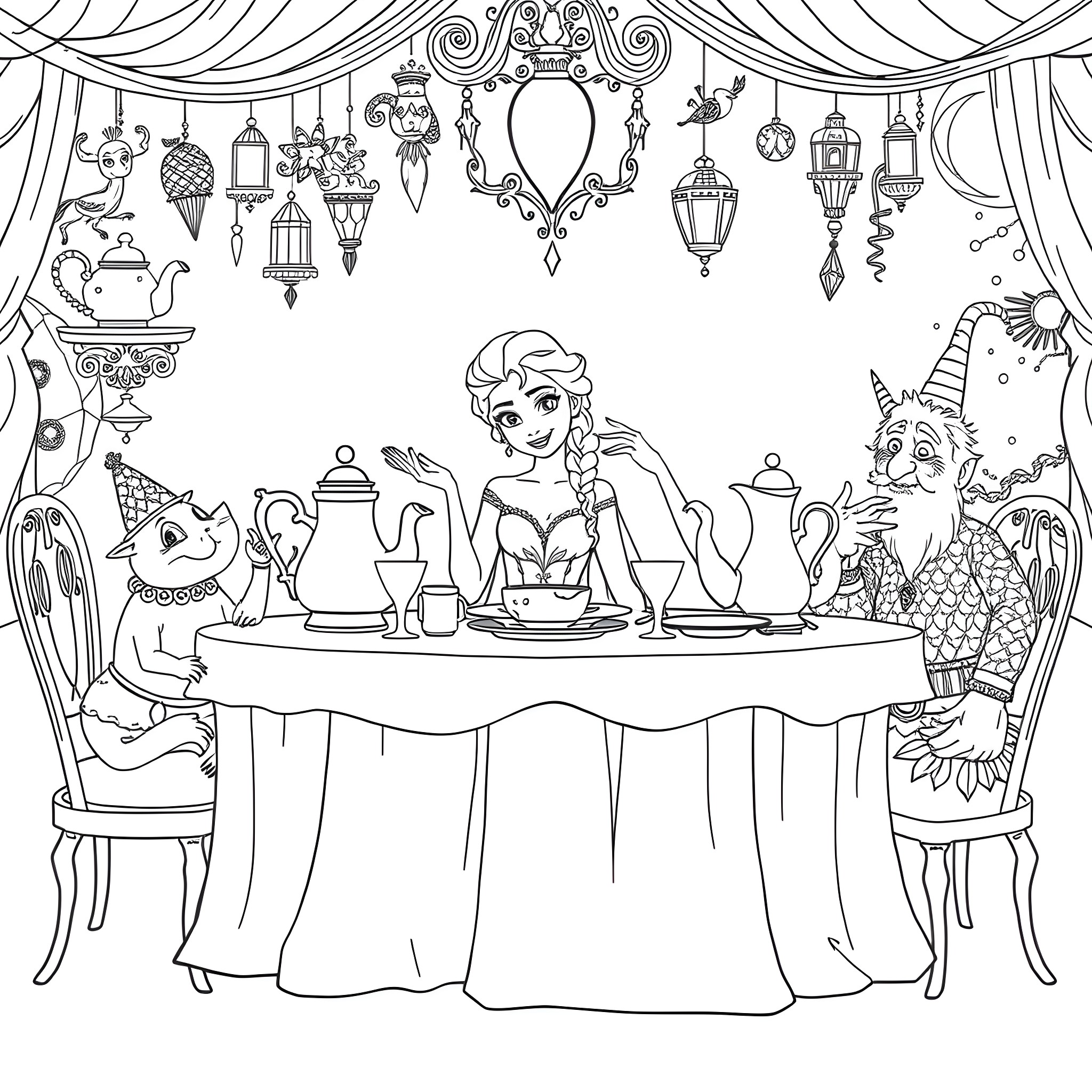 Elsa's Magical Tea Party Coloring Page (free black-and-white line drawing printable PDF for all, from beginners to advanced learners, including children, teens, adults, and seniors)
