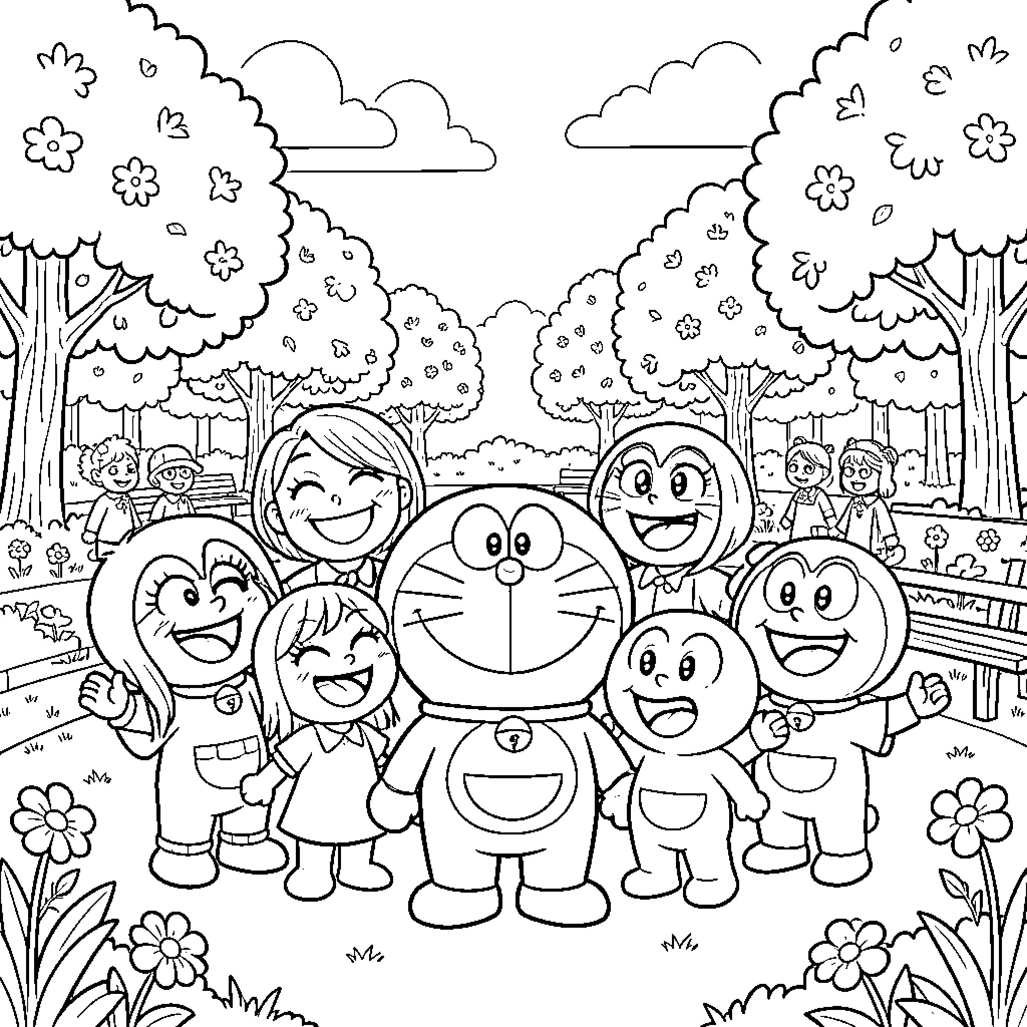 Doraemon and Friends Enjoying Nature's Wonders Coloring Page (free black-and-white line drawing printable PDF for all, from beginners to advanced learners, including children, teens, adults, and seniors)