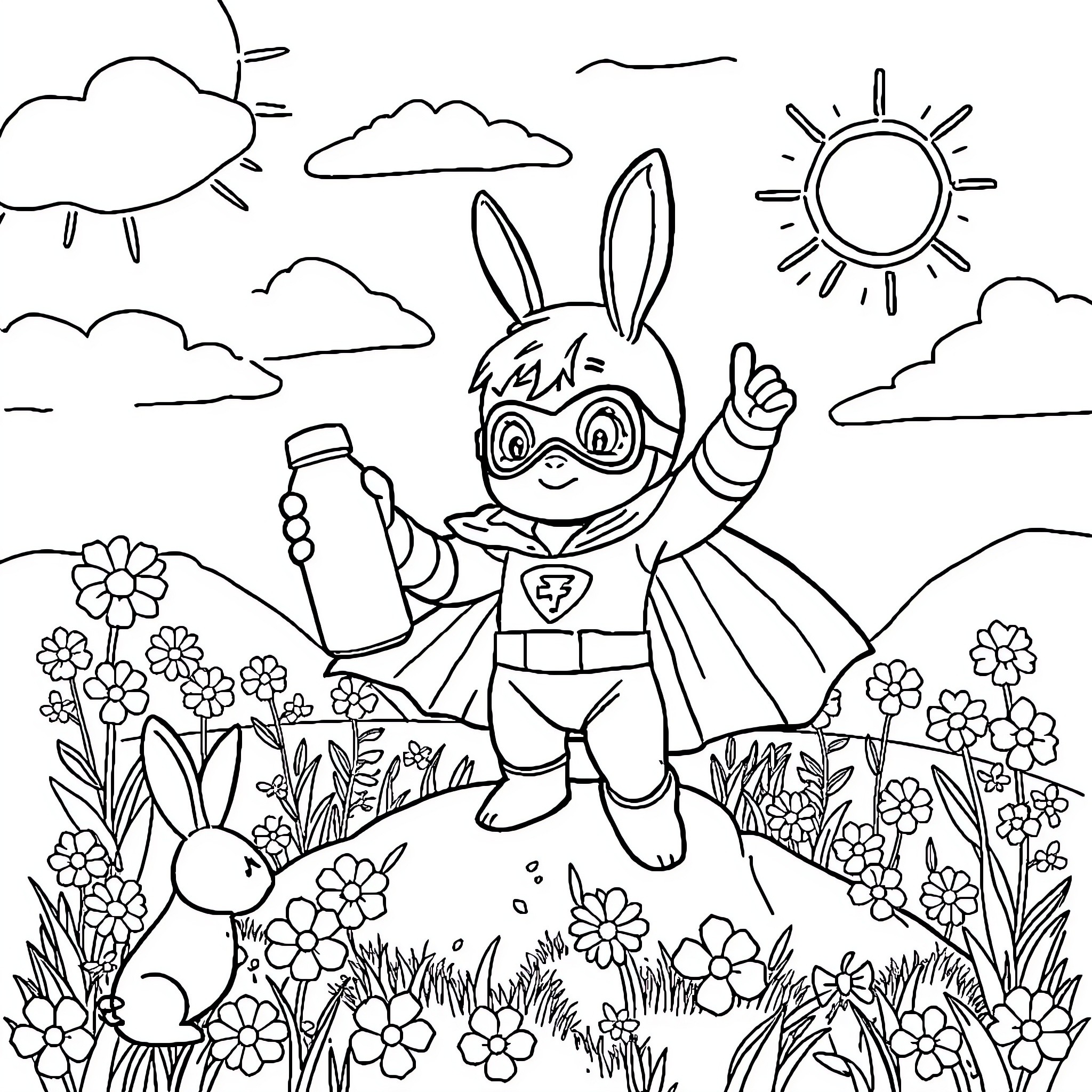 Baby Superhero Saves the Day in Vibrant Meadow Coloring Page (free black-and-white line drawing printable PDF for all, from beginners to advanced learners, including children, teens, adults, and seniors)