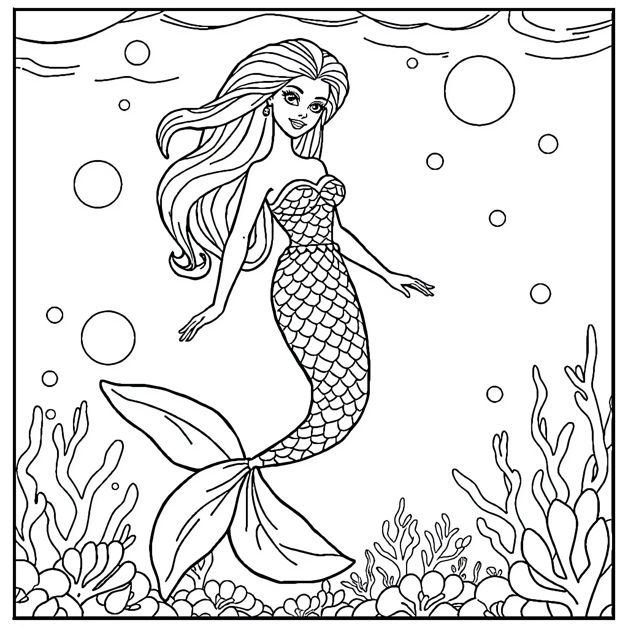 Mermaid swimming gracefully in the ocean Coloring Page (free black-and-white line drawing printable PDF for all, from beginners to advanced learners, including children, teens, adults, and seniors)