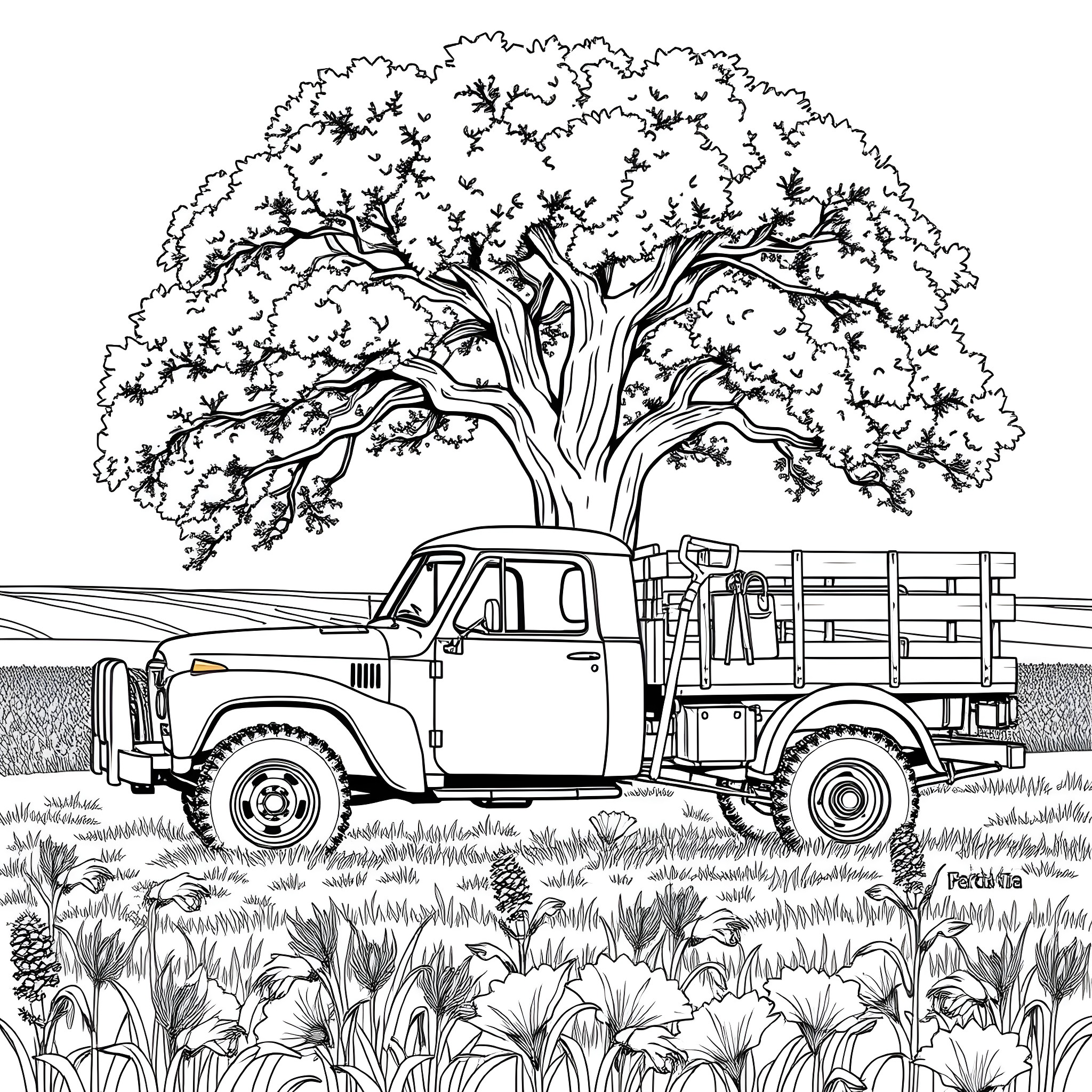 Truck transporting logs under a large tree Coloring Page (free black-and-white line drawing printable PDF for all, from beginners to advanced learners, including children, teens, adults, and seniors)