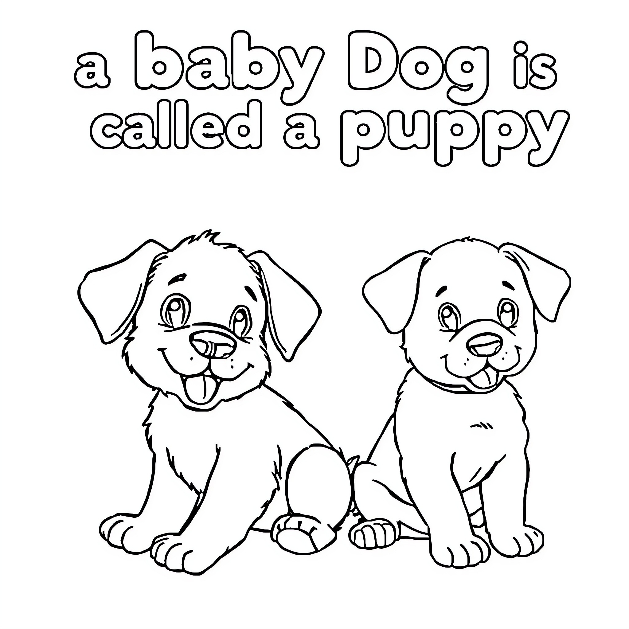 Dog puppies playing and smiling Coloring Page (free black-and-white line drawing printable PDF for all, from beginners to advanced learners, including children, teens, adults, and seniors)
