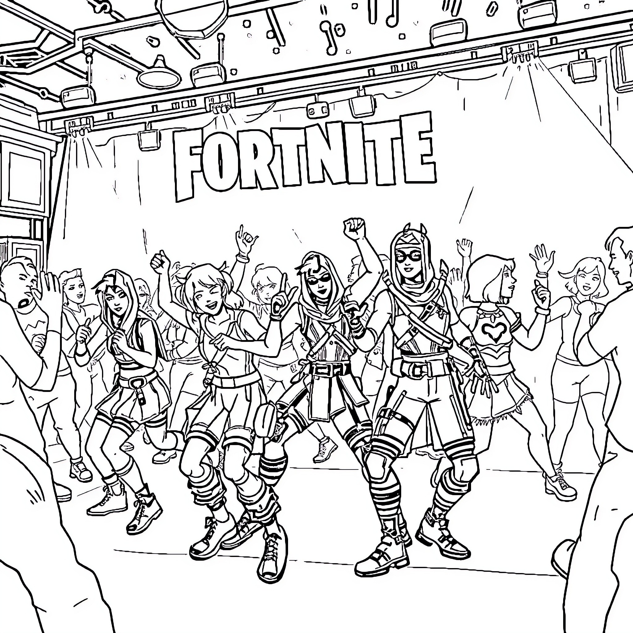Fortnite Characters Gathered for Celebration Coloring Page (free black-and-white line drawing printable PDF for all, from beginners to advanced learners, including children, teens, adults, and seniors)