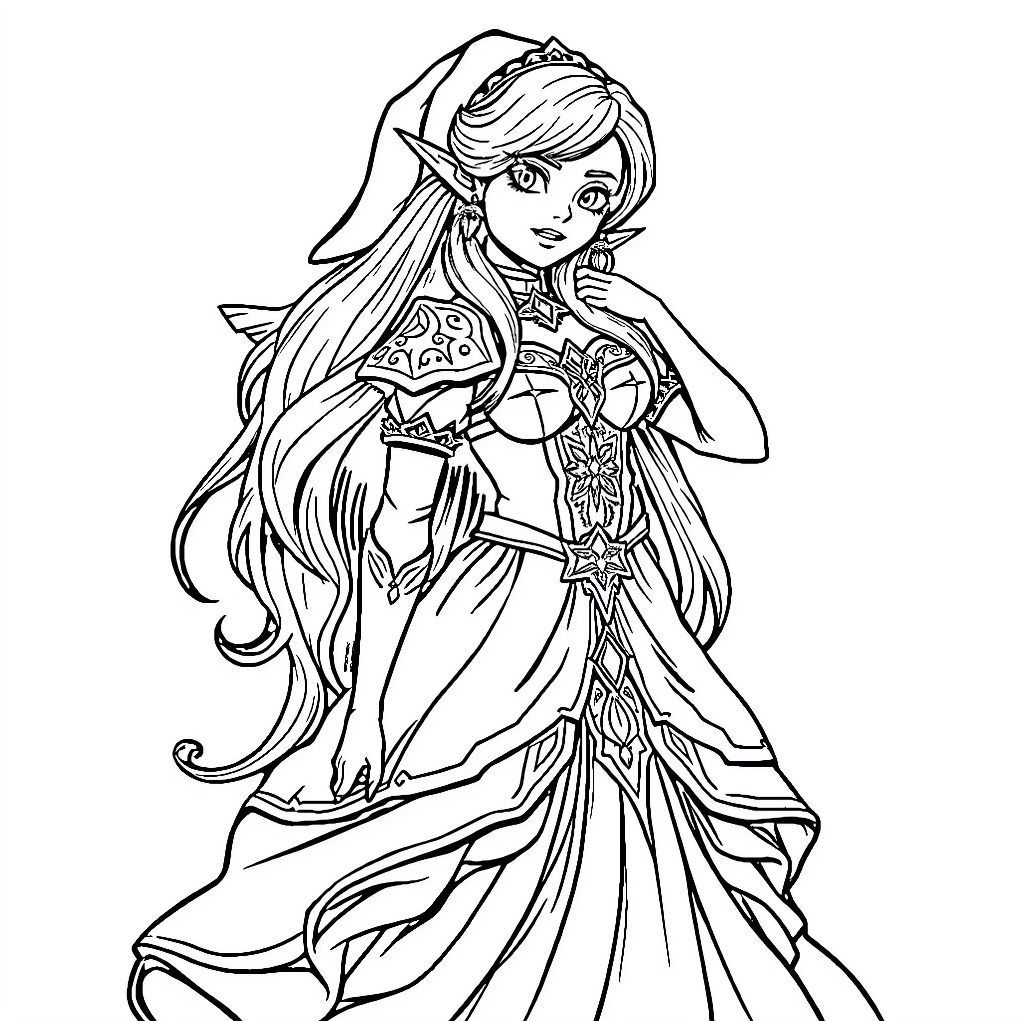 Zelda Princess in Elegant Fantasy Dress Coloring Page (free black-and-white line drawing printable PDF for all, from beginners to advanced learners, including children, teens, adults, and seniors)