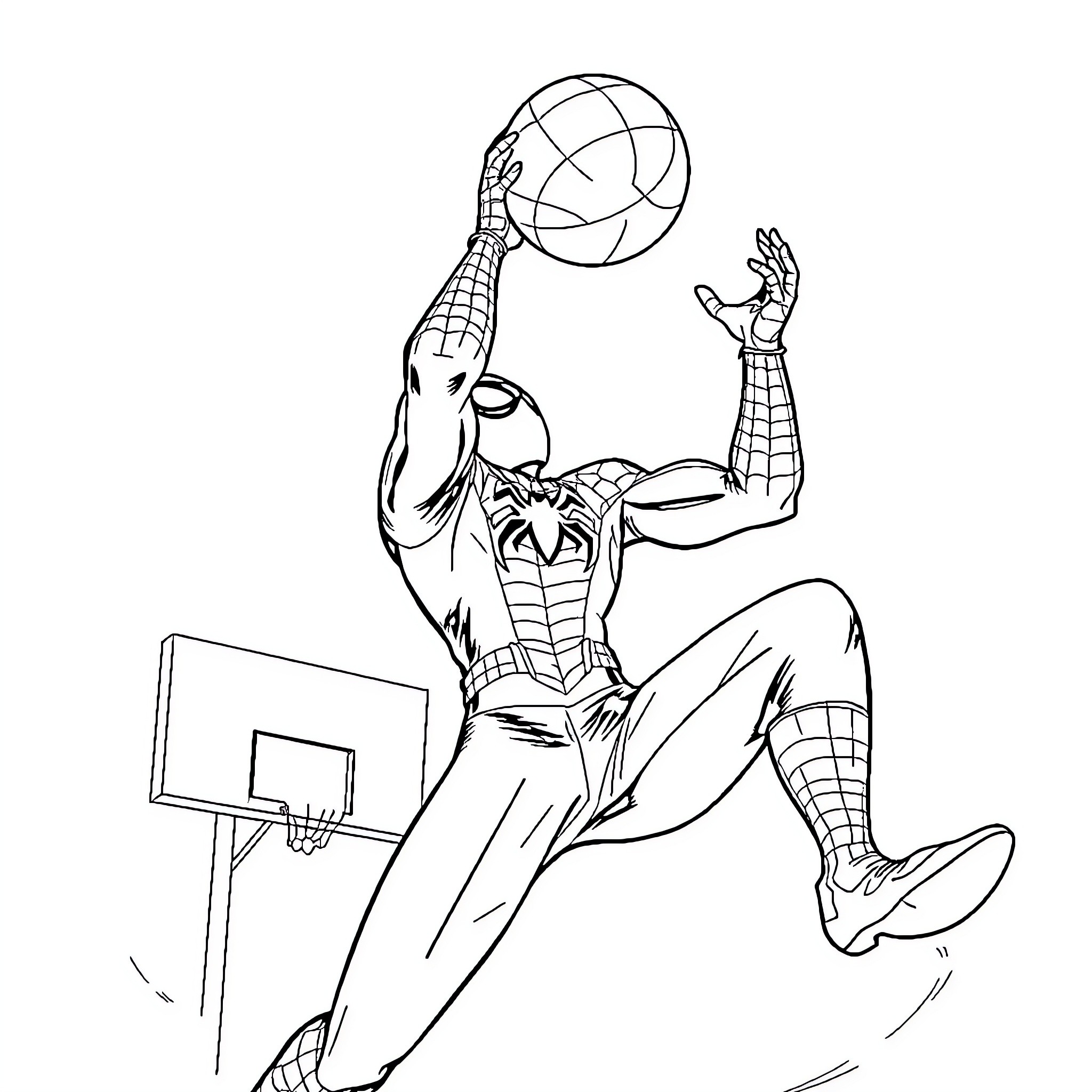 Spider-Man dribbling and dunking on a basketball hoop Coloring Page (free black-and-white line drawing printable PDF for all, from beginners to advanced learners, including children, teens, adults, and seniors)