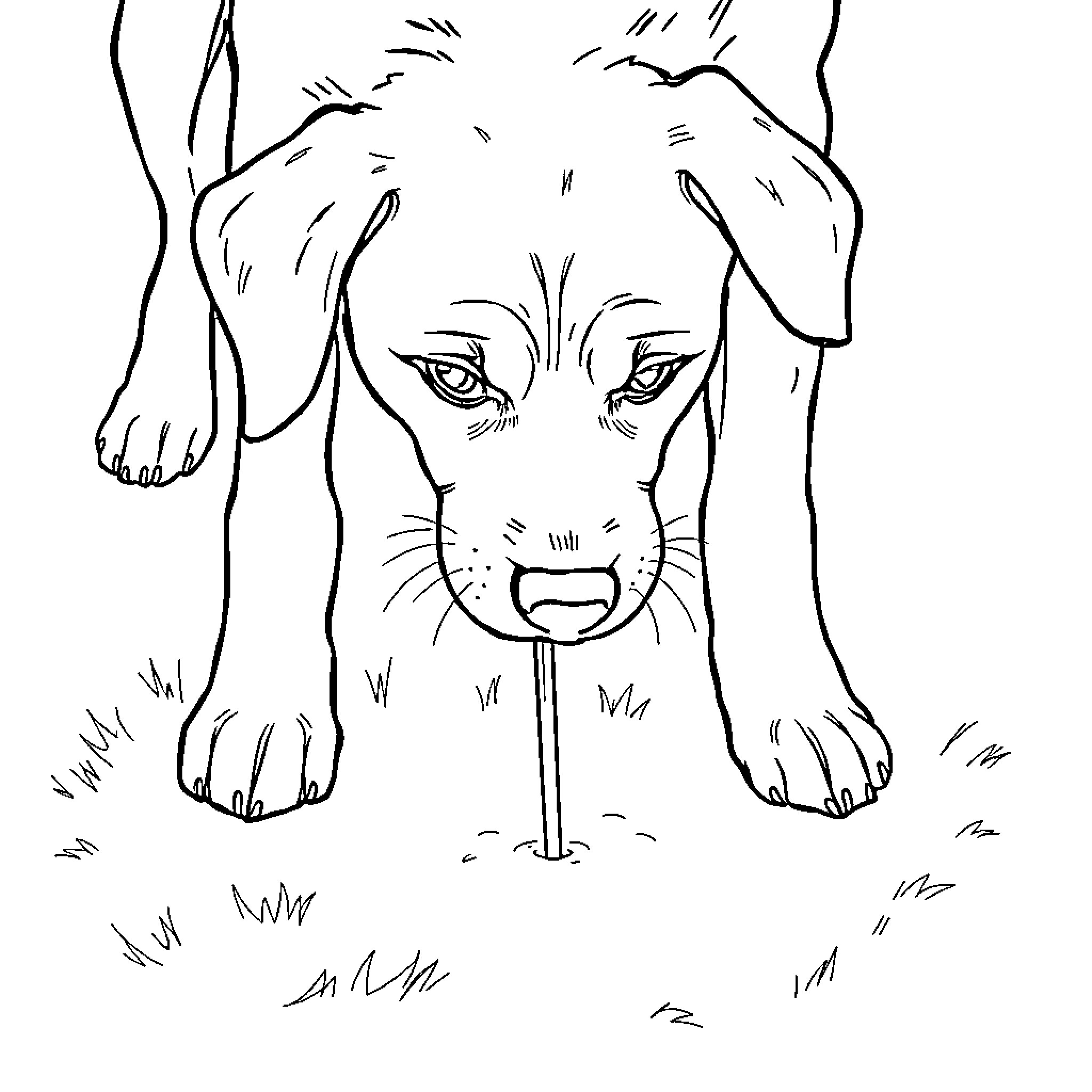 Dog sniffing intrigued in the grass Coloring Page (free black-and-white line drawing printable PDF for all, from beginners to advanced learners, including children, teens, adults, and seniors)