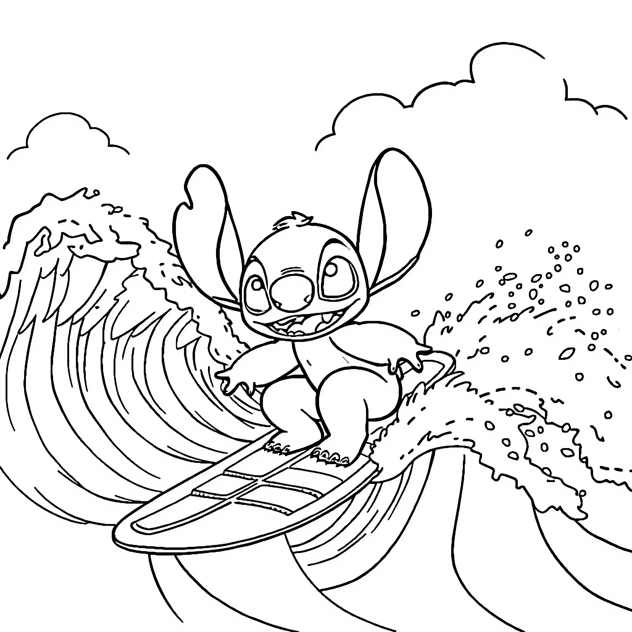 Stitch surfing the big wave Coloring Page (free black-and-white line drawing printable PDF for all, from beginners to advanced learners, including children, teens, adults, and seniors)