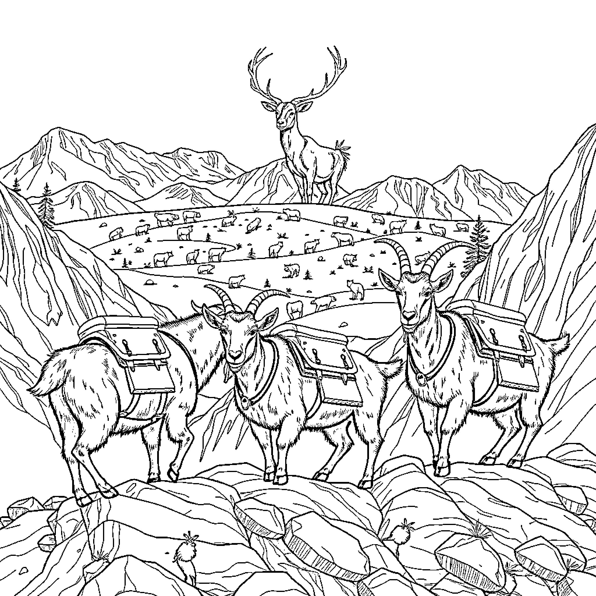Goats carrying supplies in majestic mountain landscape Coloring Page (free black-and-white line drawing printable PDF for all, from beginners to advanced learners, including children, teens, adults, and seniors)