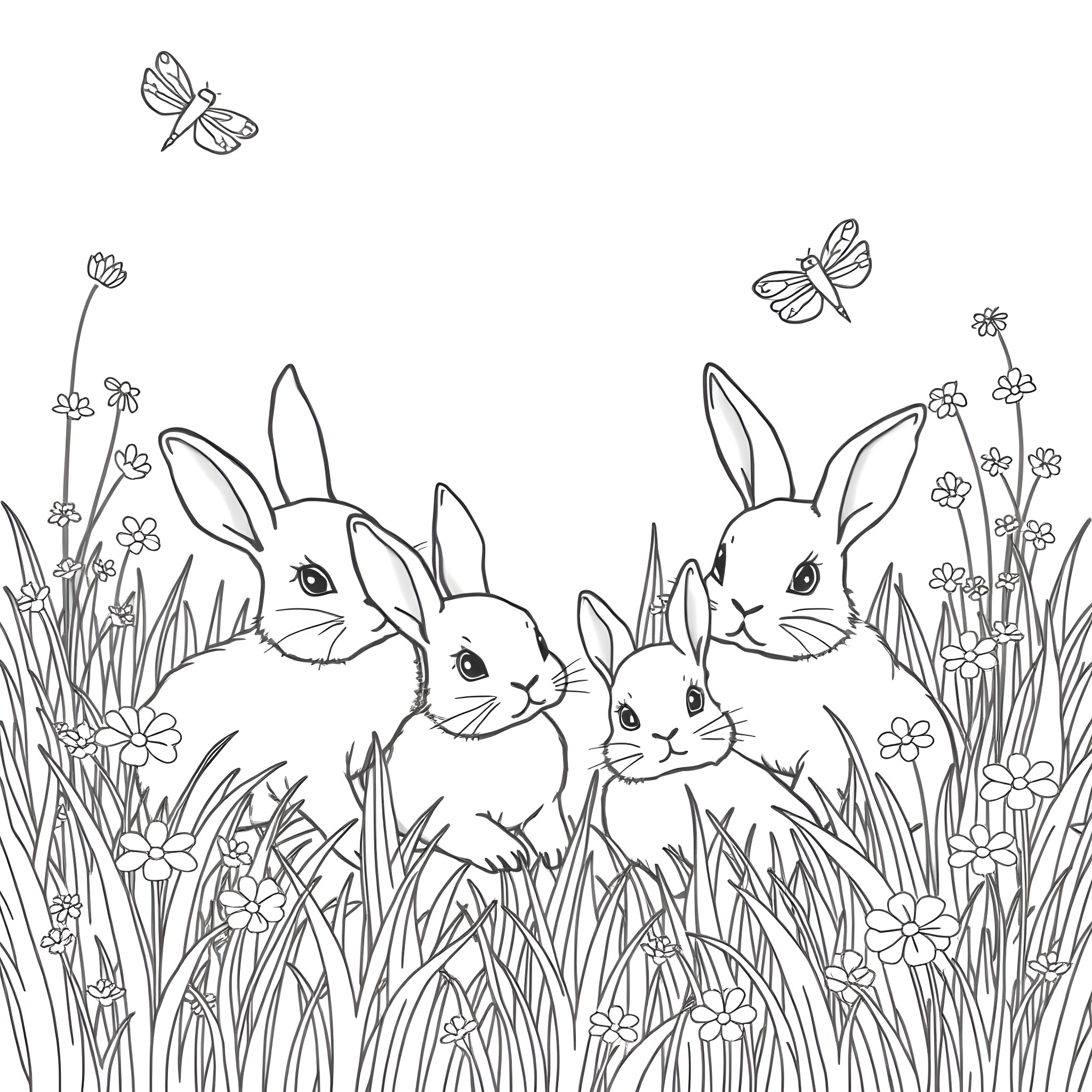 Bunny family frolicking in the floral meadow Coloring Page (free black-and-white line drawing printable PDF for all, from beginners to advanced learners, including children, teens, adults, and seniors)