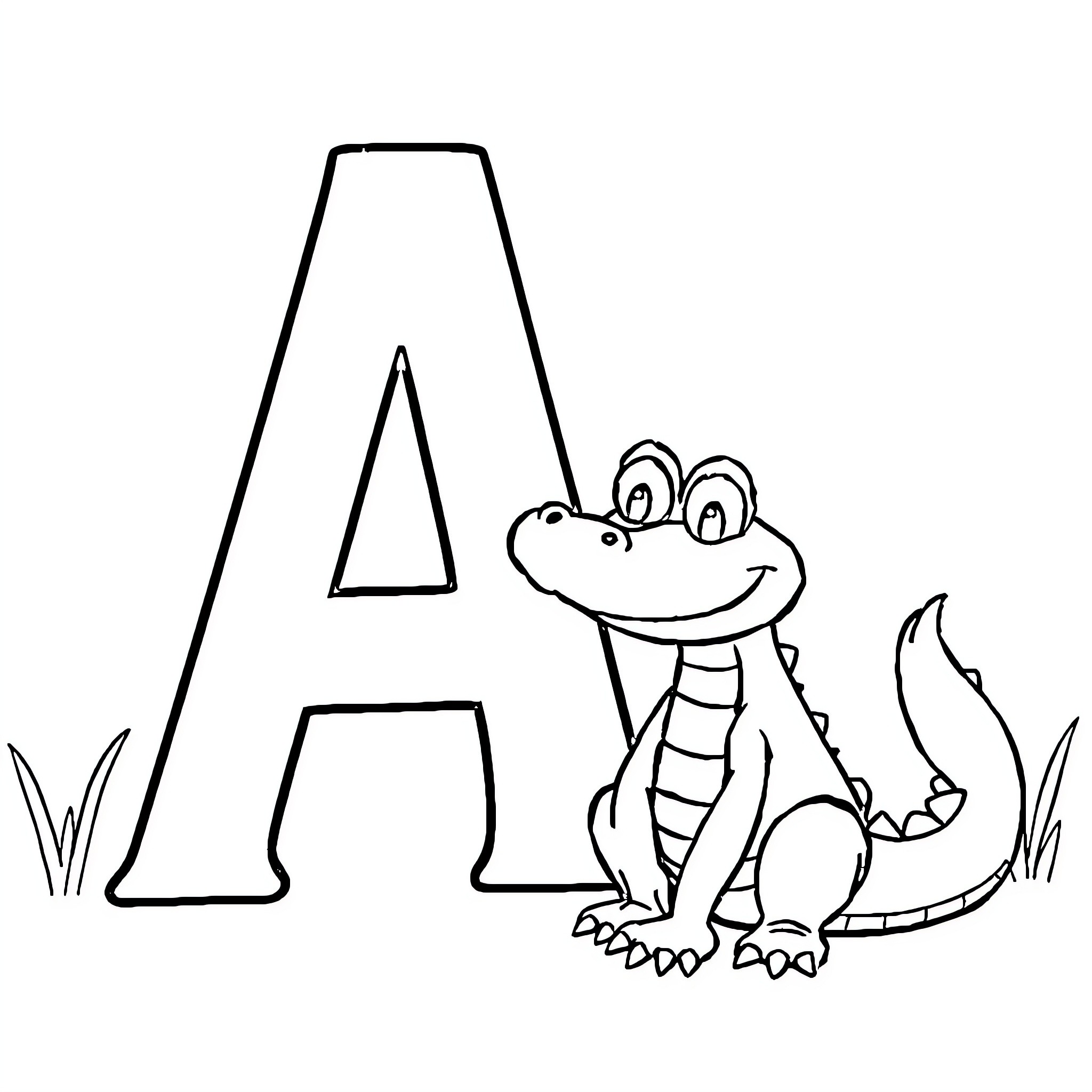 Alligator sitting next to a large letter A Coloring Page (free black-and-white line drawing printable PDF for all, from beginners to advanced learners, including children, teens, adults, and seniors)