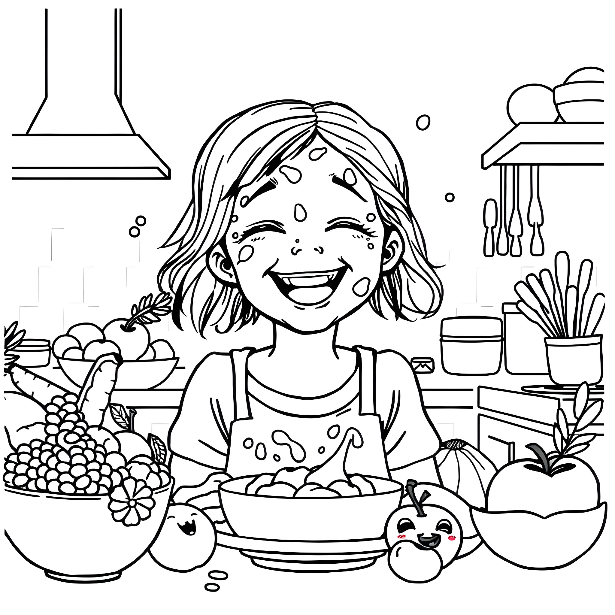 Girl enjoying cooking with fruits and vegetables Coloring Page (free black-and-white line drawing printable PDF for all, from beginners to advanced learners, including children, teens, adults, and seniors)