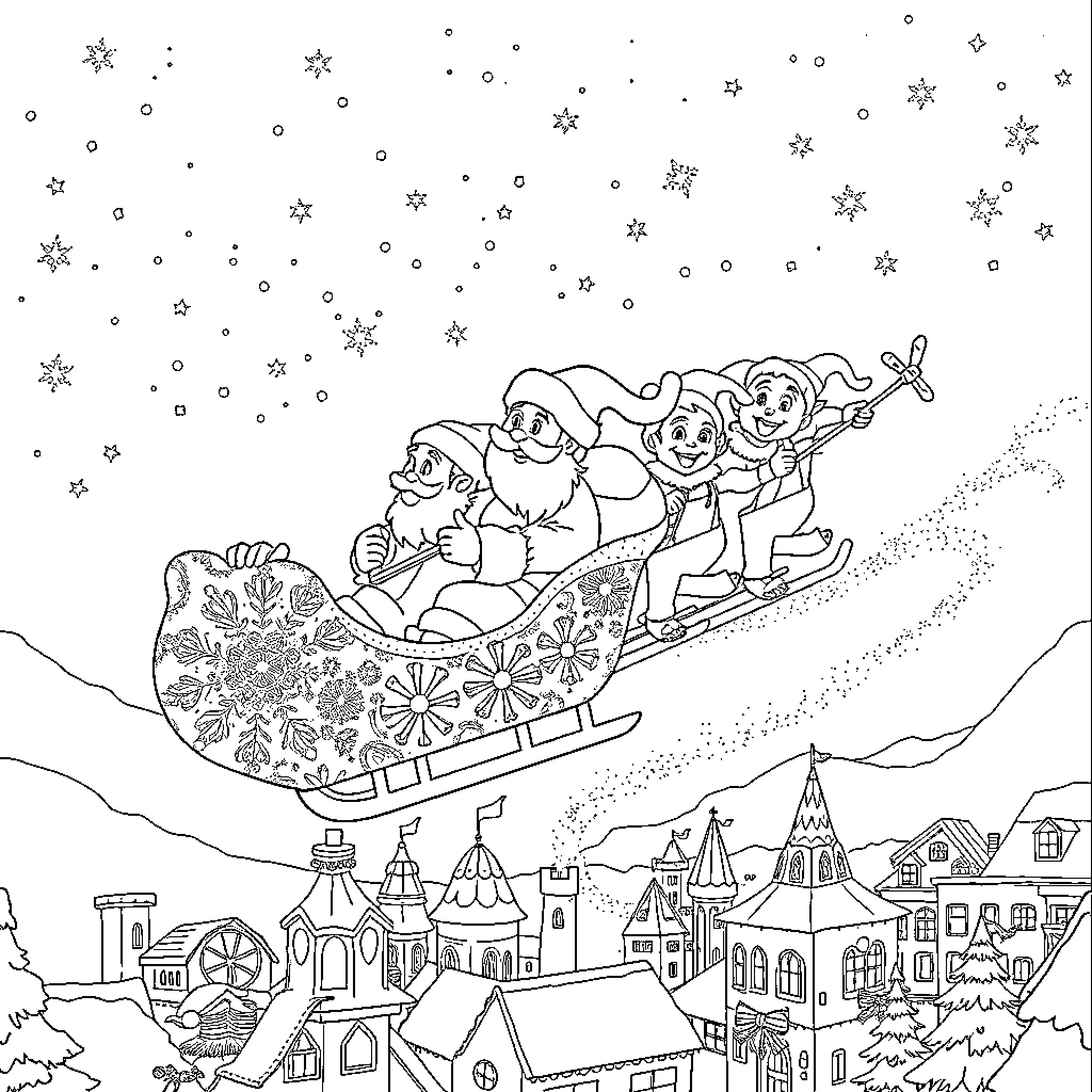 Santa and his helpers riding a sleigh over a snowy town Coloring Page (free black-and-white line drawing printable PDF for all, from beginners to advanced learners, including children, teens, adults, and seniors)