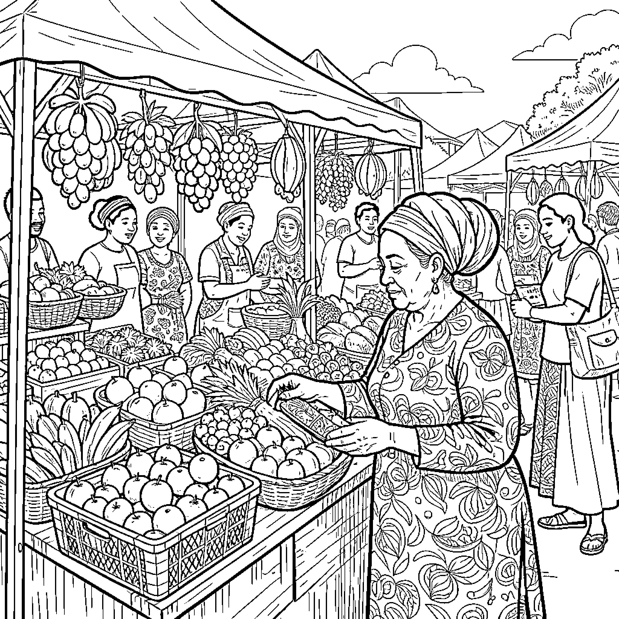 Grandma shopping for fresh fruit at a market stall Coloring Page (free black-and-white line drawing printable PDF for all, from beginners to advanced learners, including children, teens, adults, and seniors)