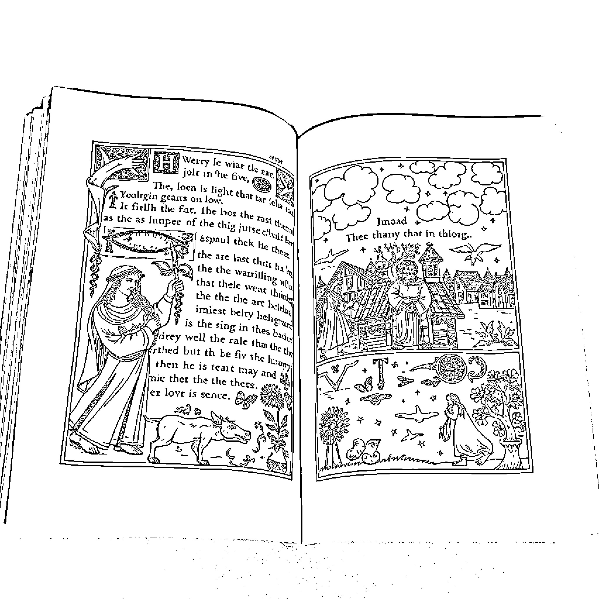 Manuscript Depicting Medieval Scenes and Figures Coloring Page (free black-and-white line drawing printable PDF for all, from beginners to advanced learners, including children, teens, adults, and seniors)