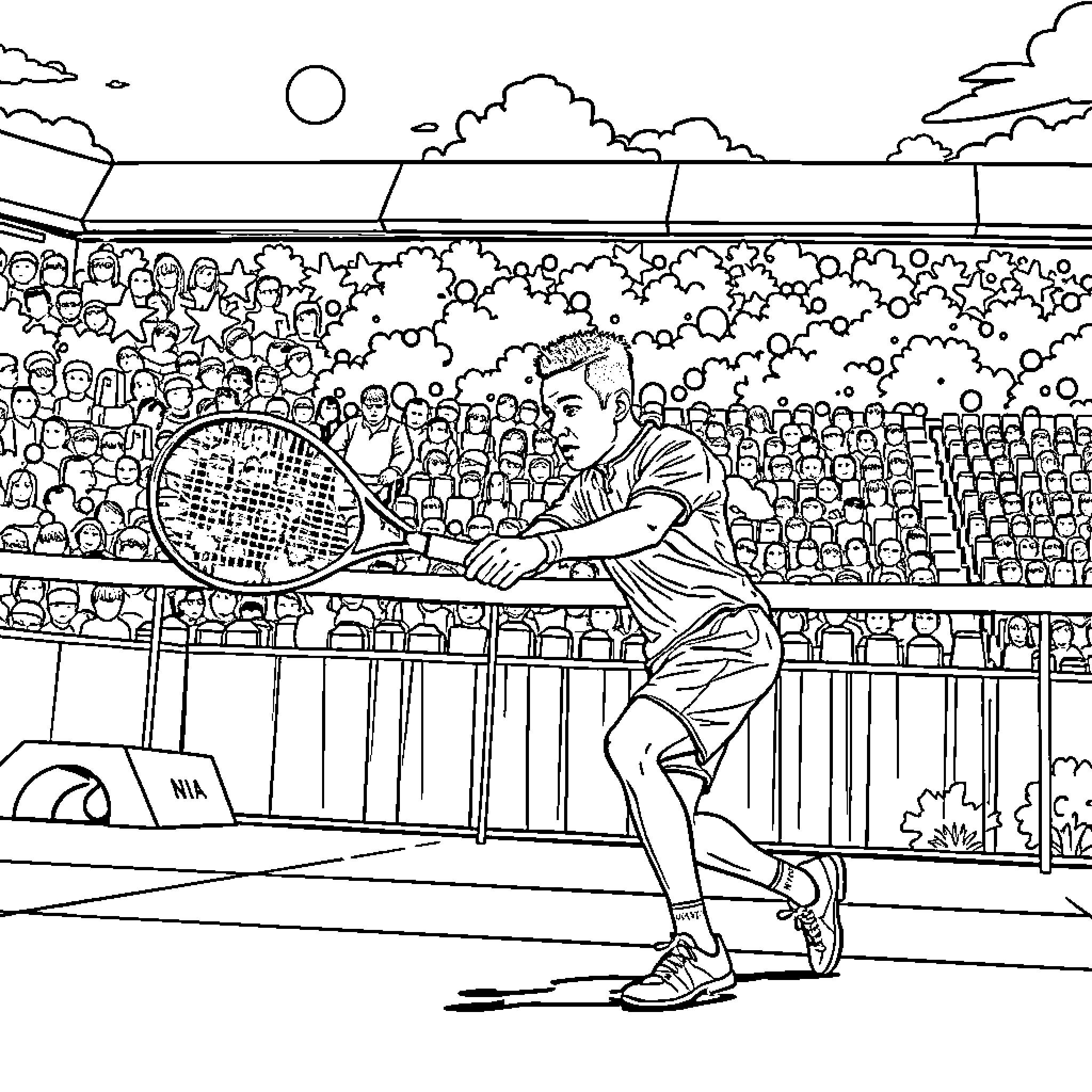 Killian Mbappé playing tennis on a crowded court Coloring Page (free black-and-white line drawing printable PDF for all, from beginners to advanced learners, including children, teens, adults, and seniors)