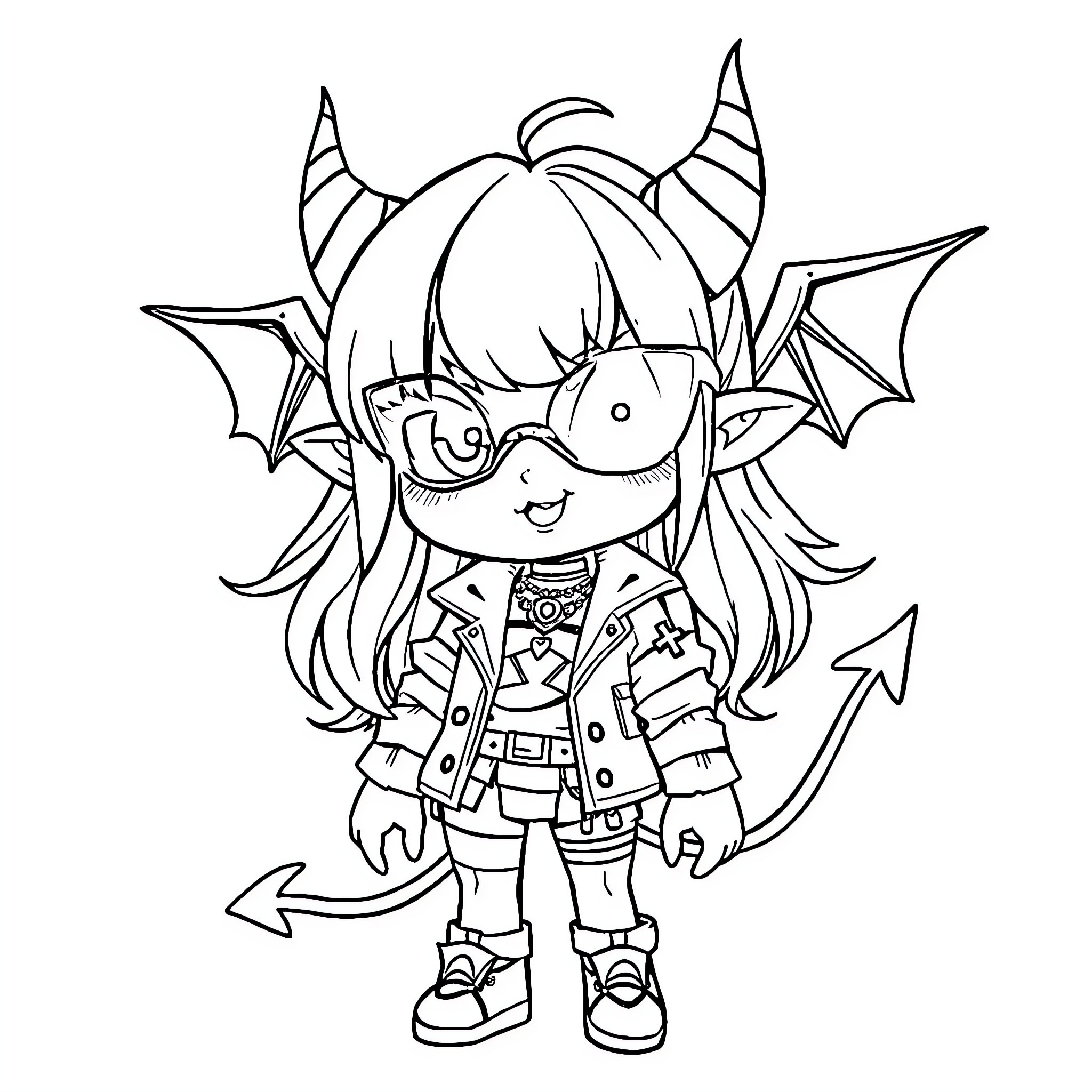 Demon Girl in Fierce Outfit with Horns Coloring Page (free black-and-white line drawing printable PDF for all, from beginners to advanced learners, including children, teens, adults, and seniors)