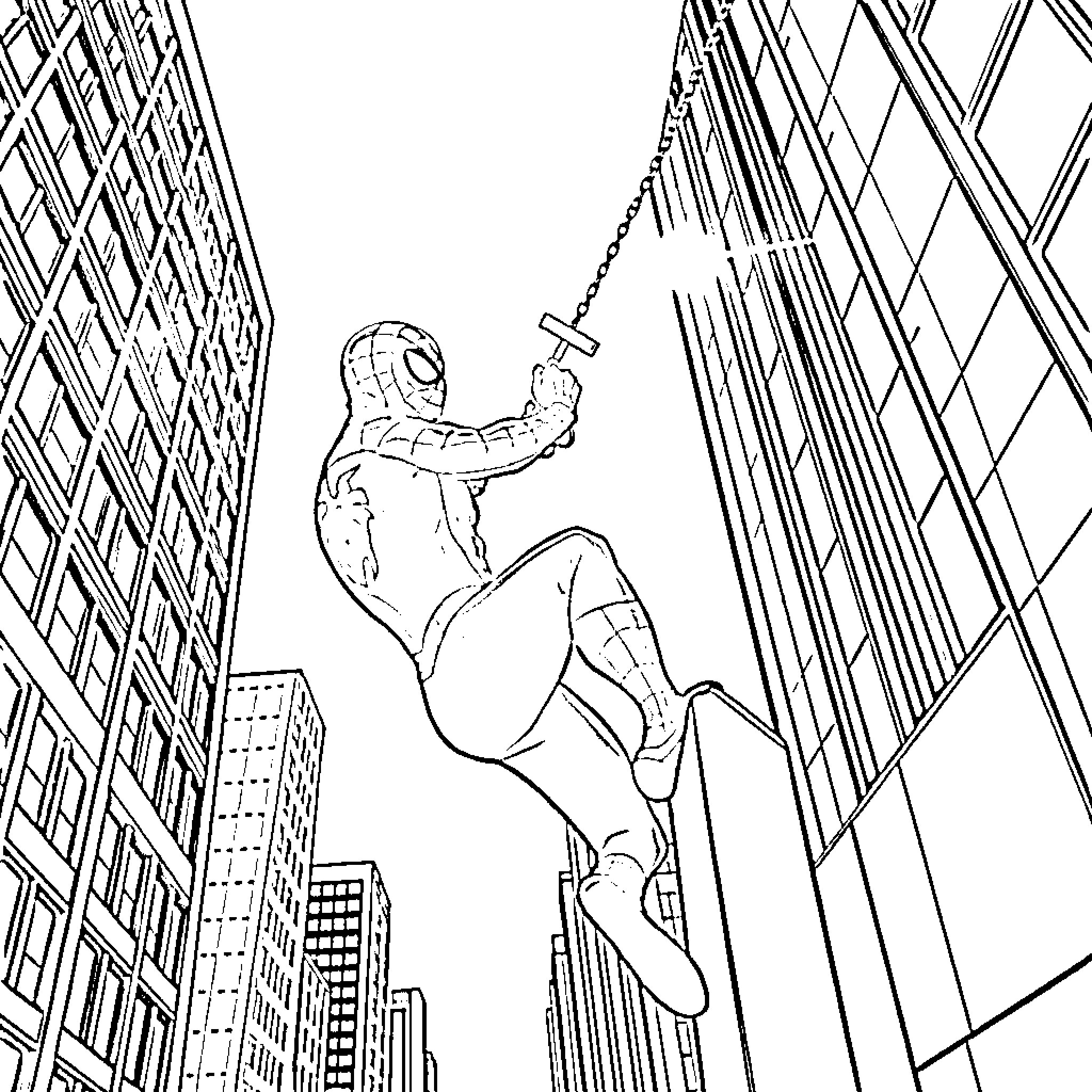 Spider-Man swinging through the city skyline Coloring Page (free black-and-white line drawing printable PDF for all, from beginners to advanced learners, including children, teens, adults, and seniors)