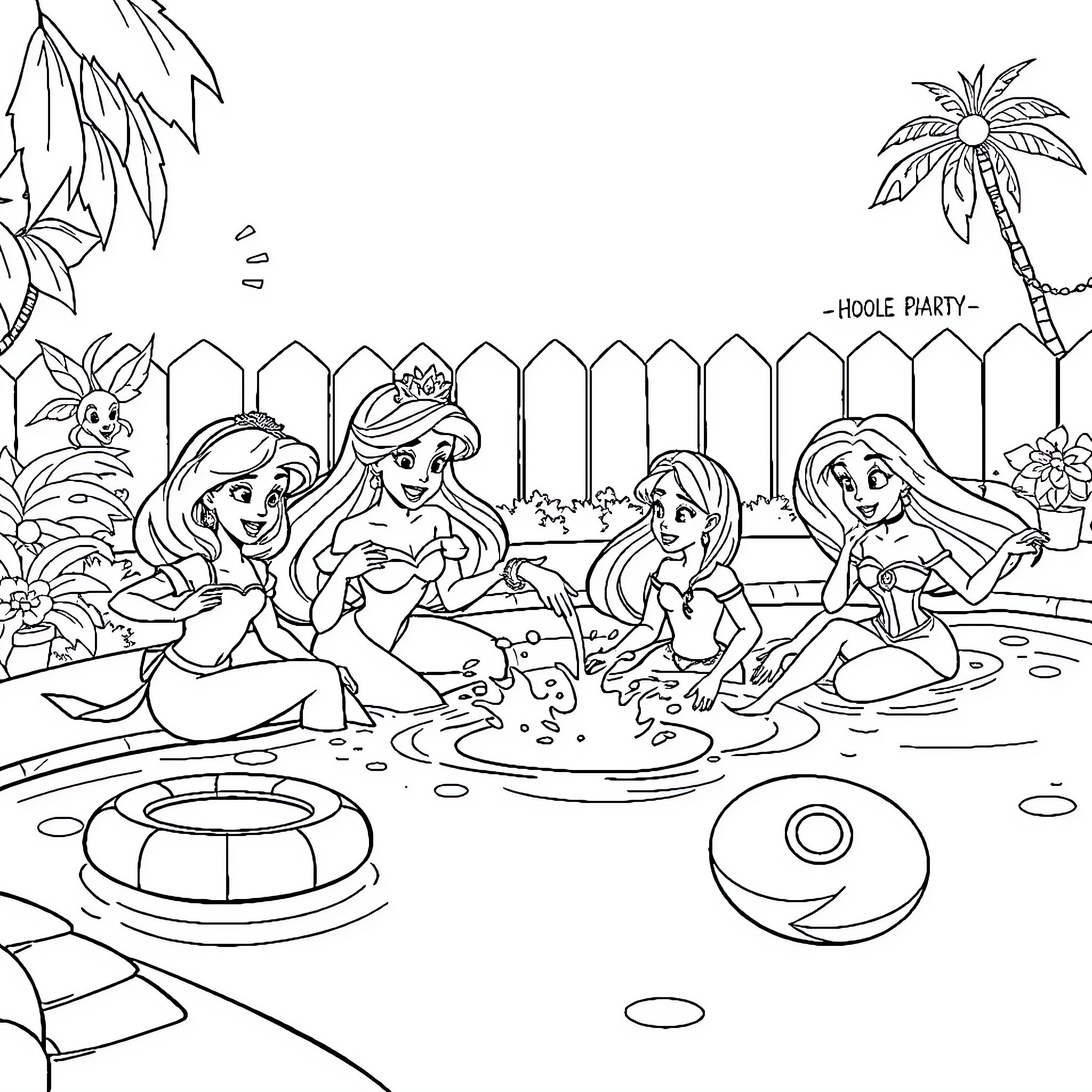 Princesses Enjoying a Pool Party with Friends Coloring Page (free black-and-white line drawing printable PDF for all, from beginners to advanced learners, including children, teens, adults, and seniors)