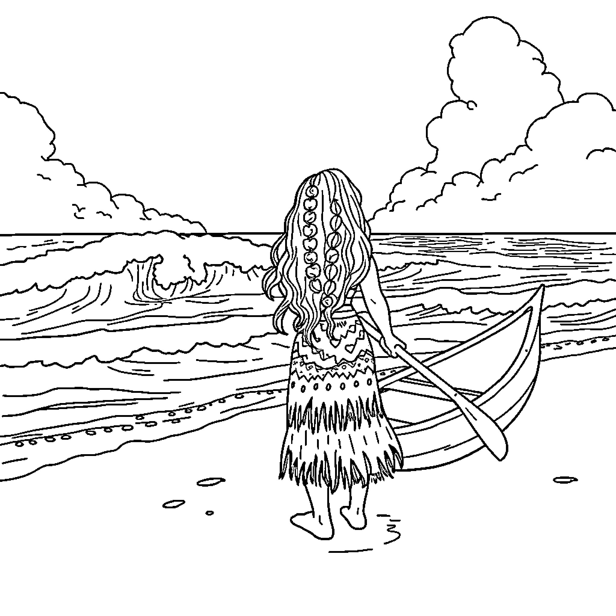 Moana standing on the beach with a sailboat Coloring Page (free black-and-white line drawing printable PDF for all, from beginners to advanced learners, including children, teens, adults, and seniors)