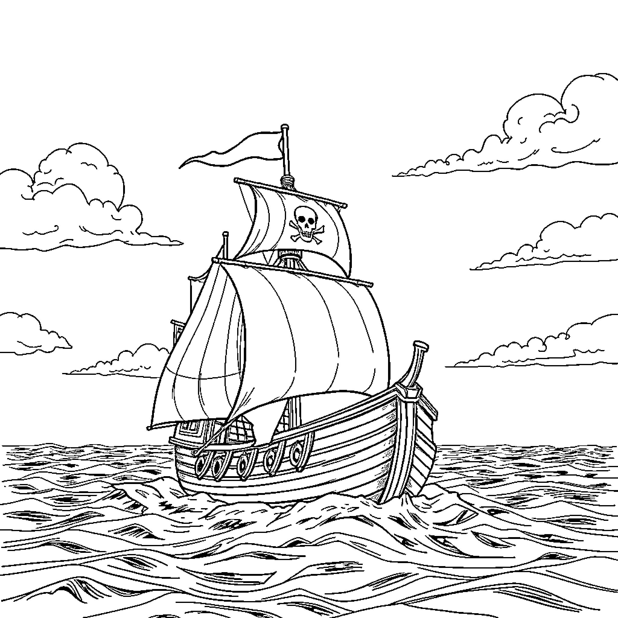 Pirate Ship Sailing the Stormy Seas Coloring Page (free black-and-white line drawing printable PDF for all, from beginners to advanced learners, including children, teens, adults, and seniors)