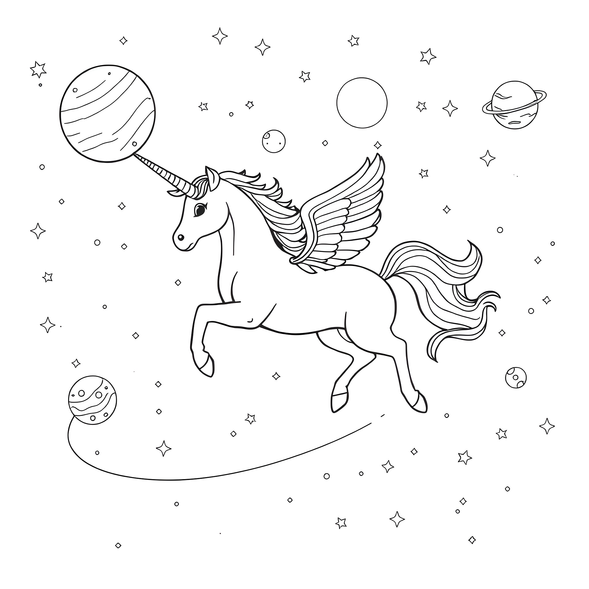 Unicorn soaring through the cosmic space Coloring Page (free black-and-white line drawing printable PDF for all, from beginners to advanced learners, including children, teens, adults, and seniors)