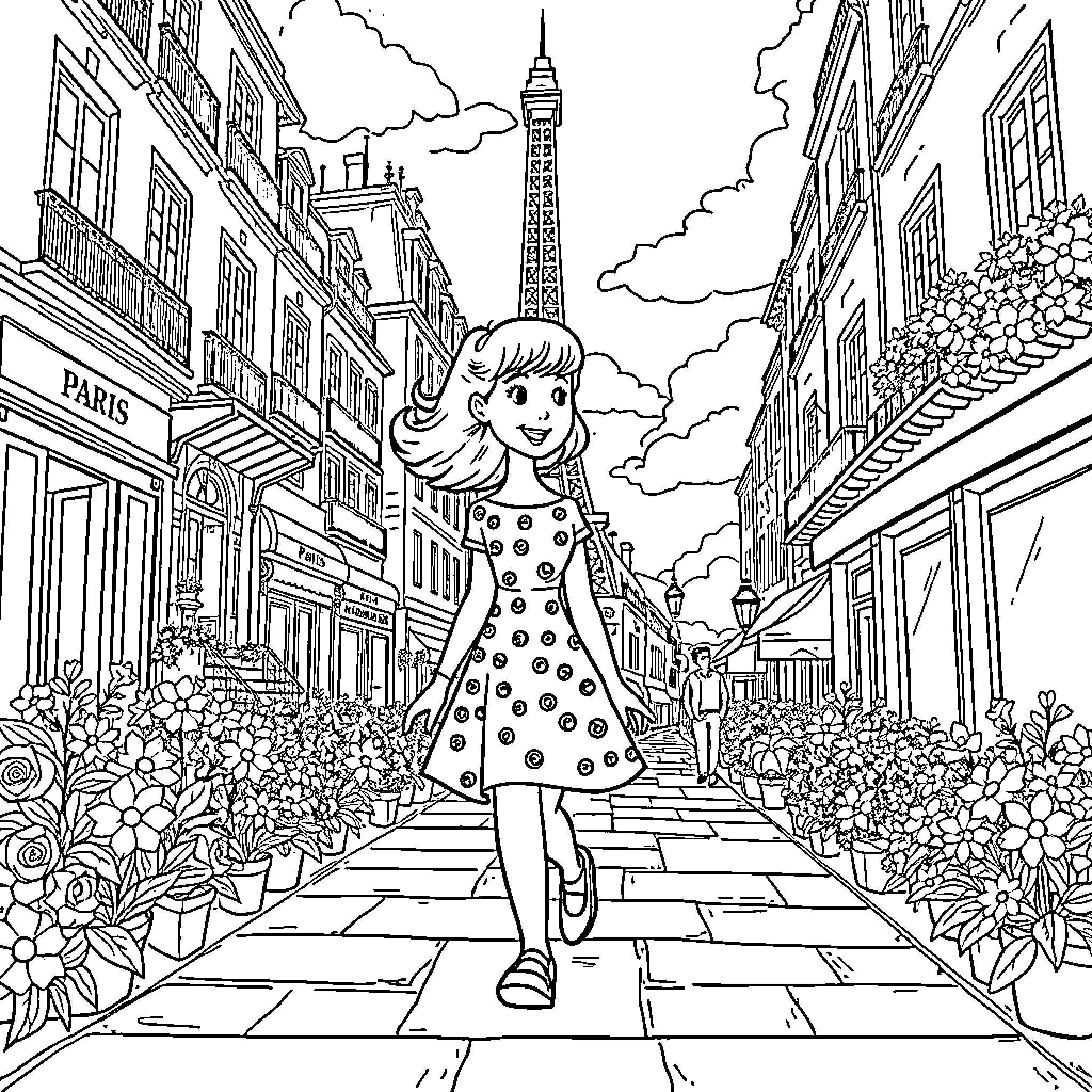 Fancy Nancy strolling through charming Parisian streets Coloring Page (free black-and-white line drawing printable PDF for all, from beginners to advanced learners, including children, teens, adults, and seniors)