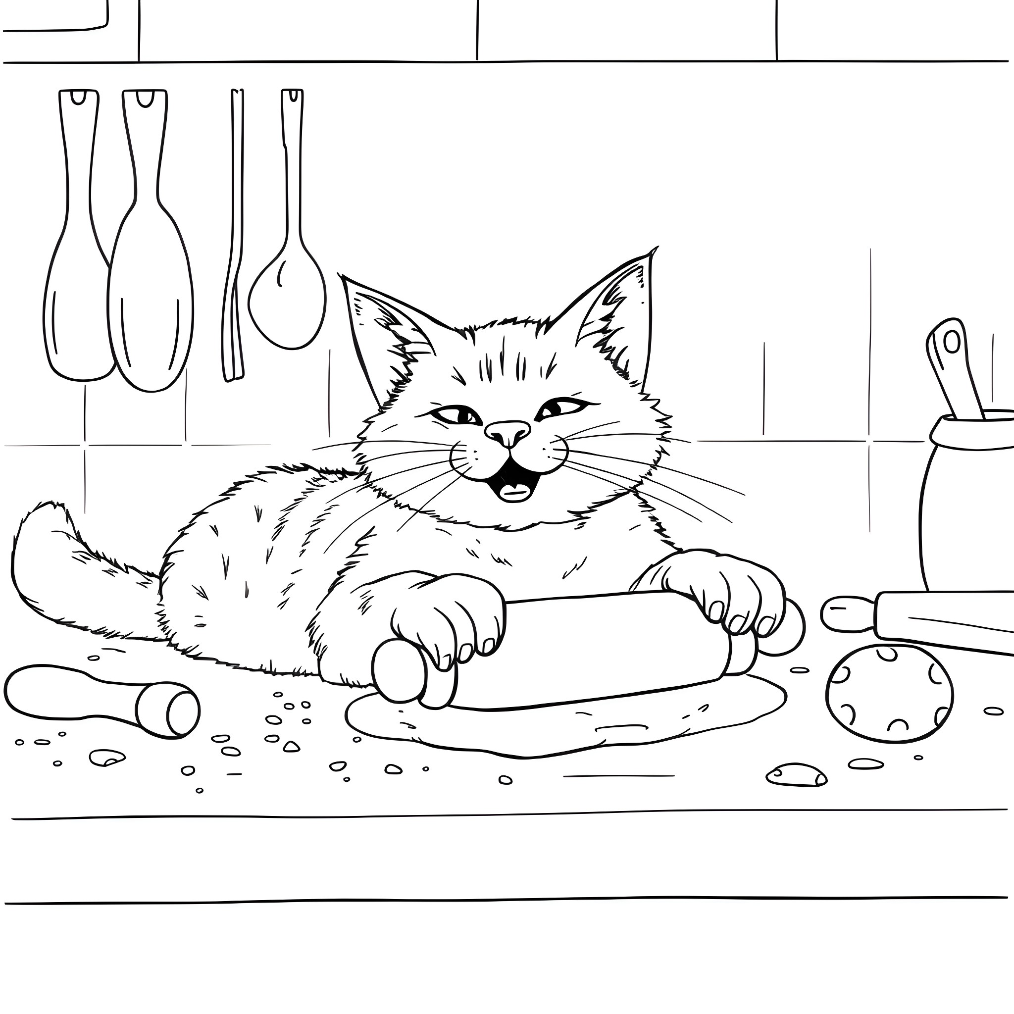 Cat lounging on kitchen counter with cooking utensils Coloring Page (free black-and-white line drawing printable PDF for all, from beginners to advanced learners, including children, teens, adults, and seniors)