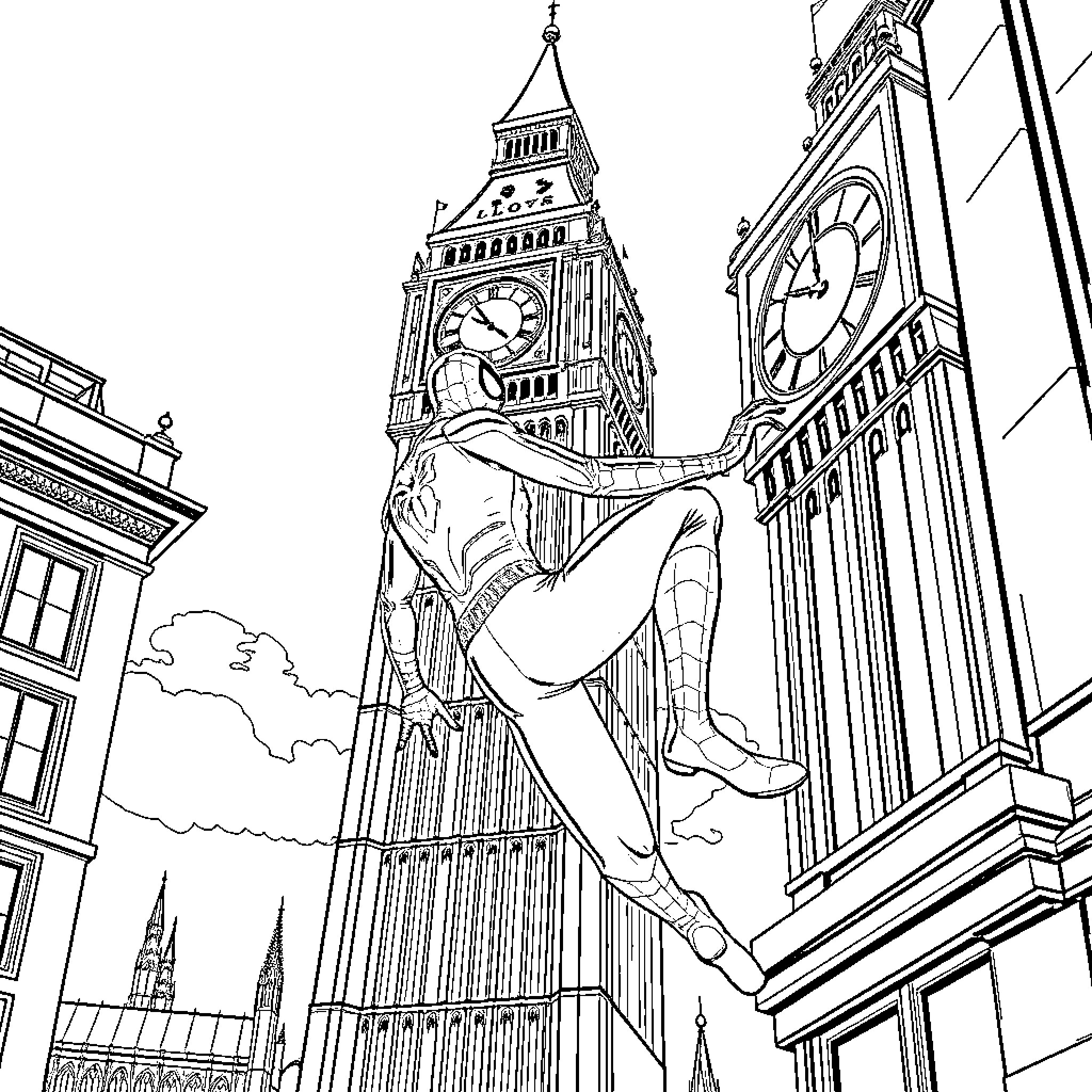 Spider-Man swinging through the city streets Coloring Page (free black-and-white line drawing printable PDF for all, from beginners to advanced learners, including children, teens, adults, and seniors)