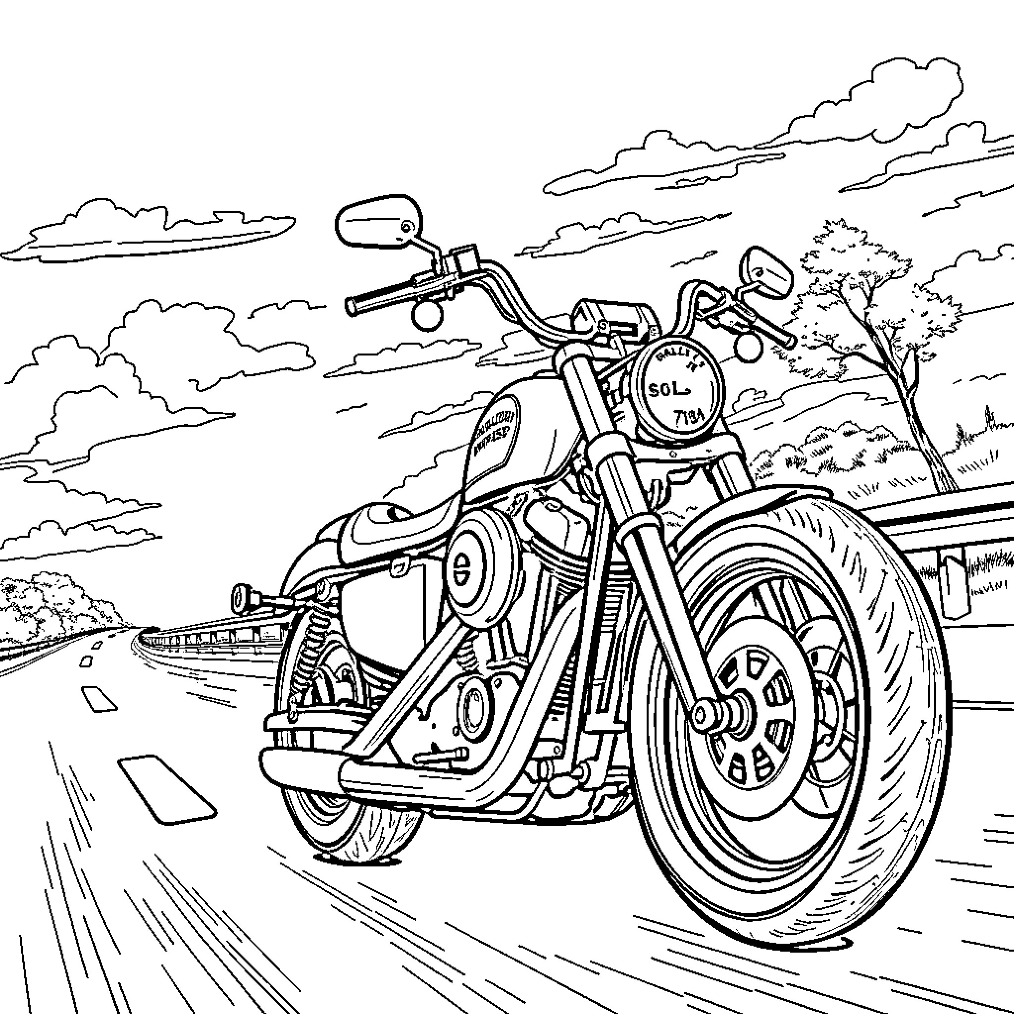 Motorcycle speeding down the open road Coloring Page (free black-and-white line drawing printable PDF for all, from beginners to advanced learners, including children, teens, adults, and seniors)