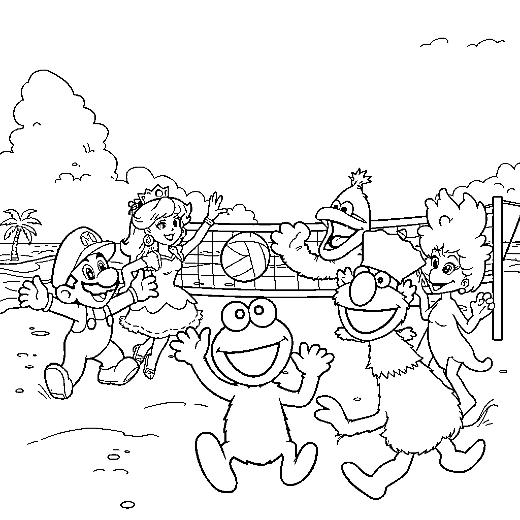 Character playing on the beach with friends Coloring Page (free black-and-white line drawing printable PDF for all, from beginners to advanced learners, including children, teens, adults, and seniors)