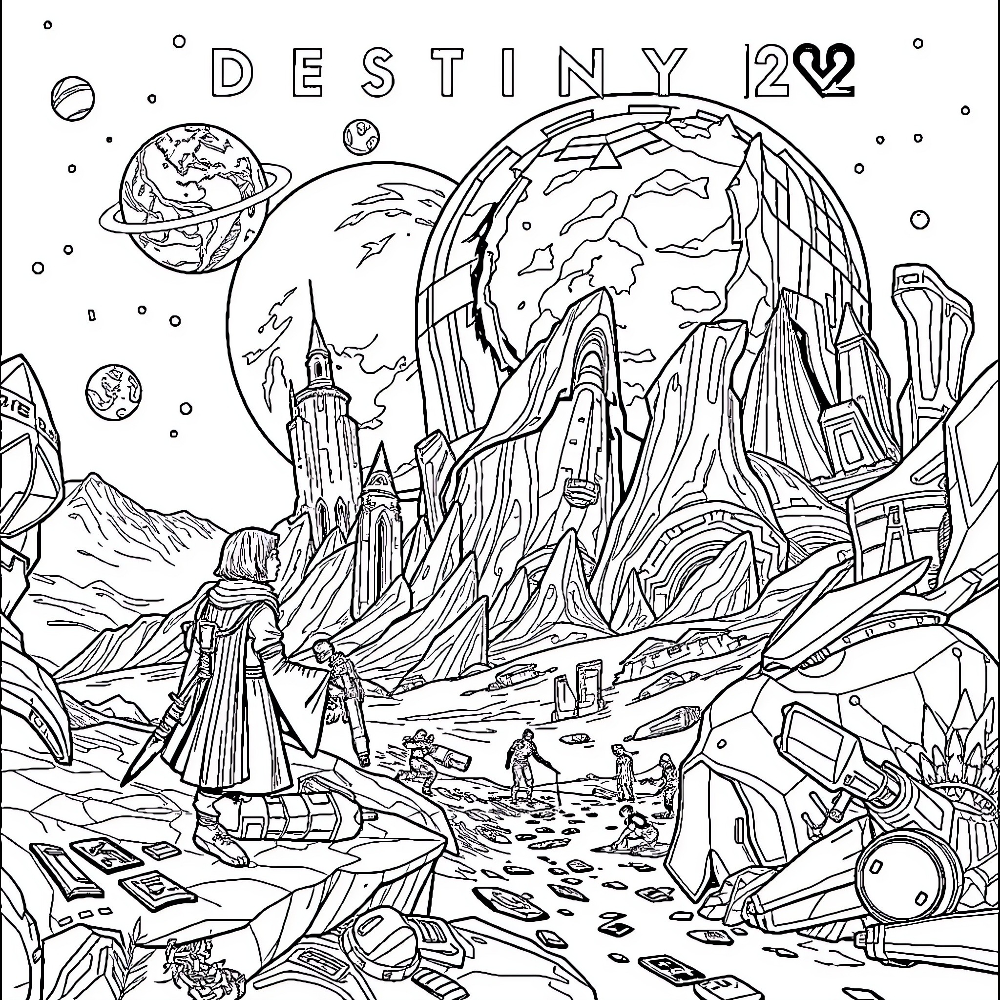 Destiny 2: Intergalactic Adventure in a Futuristic Landscape Coloring Page (free black-and-white line drawing printable PDF for all, from beginners to advanced learners, including children, teens, adults, and seniors)