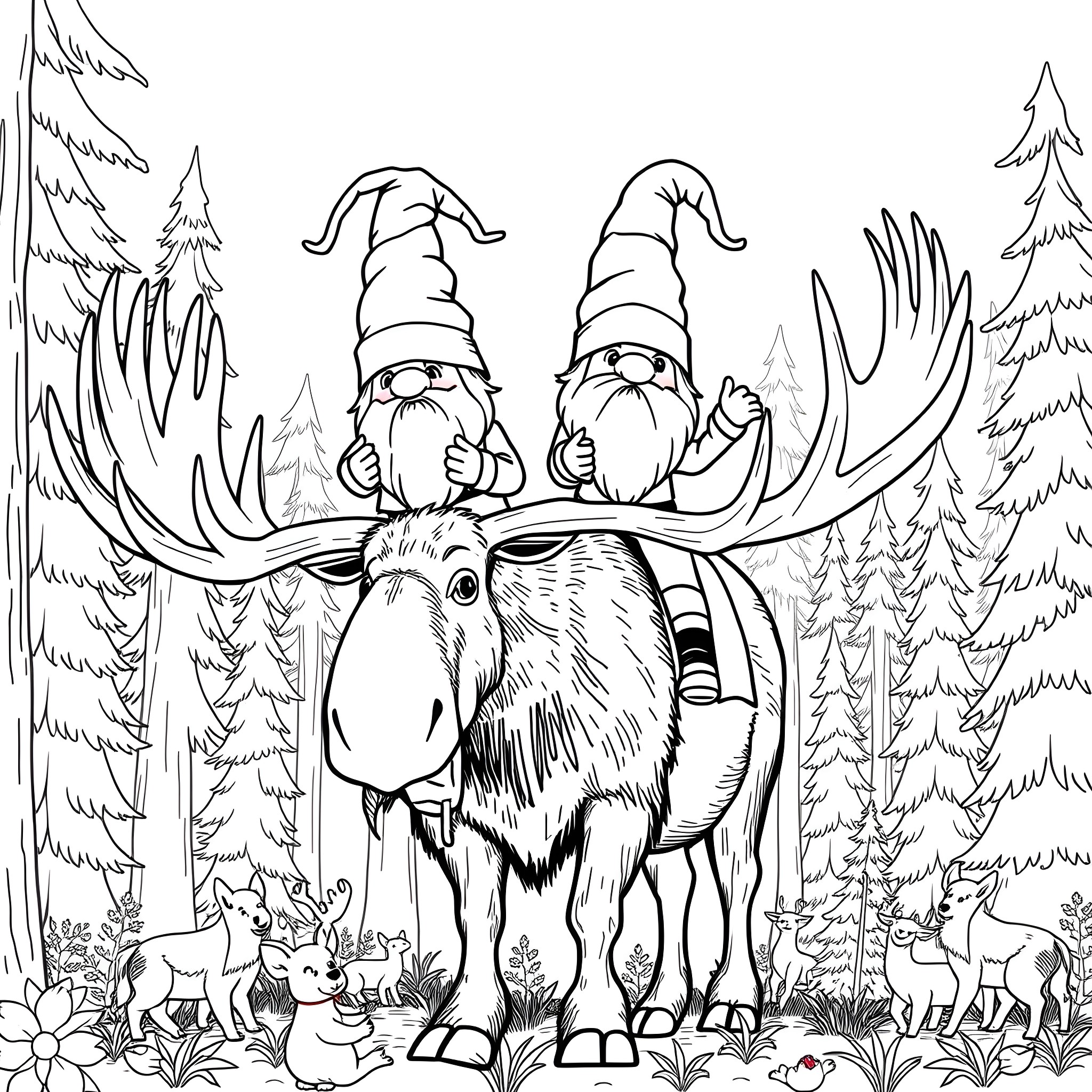 Gnome Companions Riding a Majestic Moose in the Forest Coloring Page (free black-and-white line drawing printable PDF for all, from beginners to advanced learners, including children, teens, adults, and seniors)