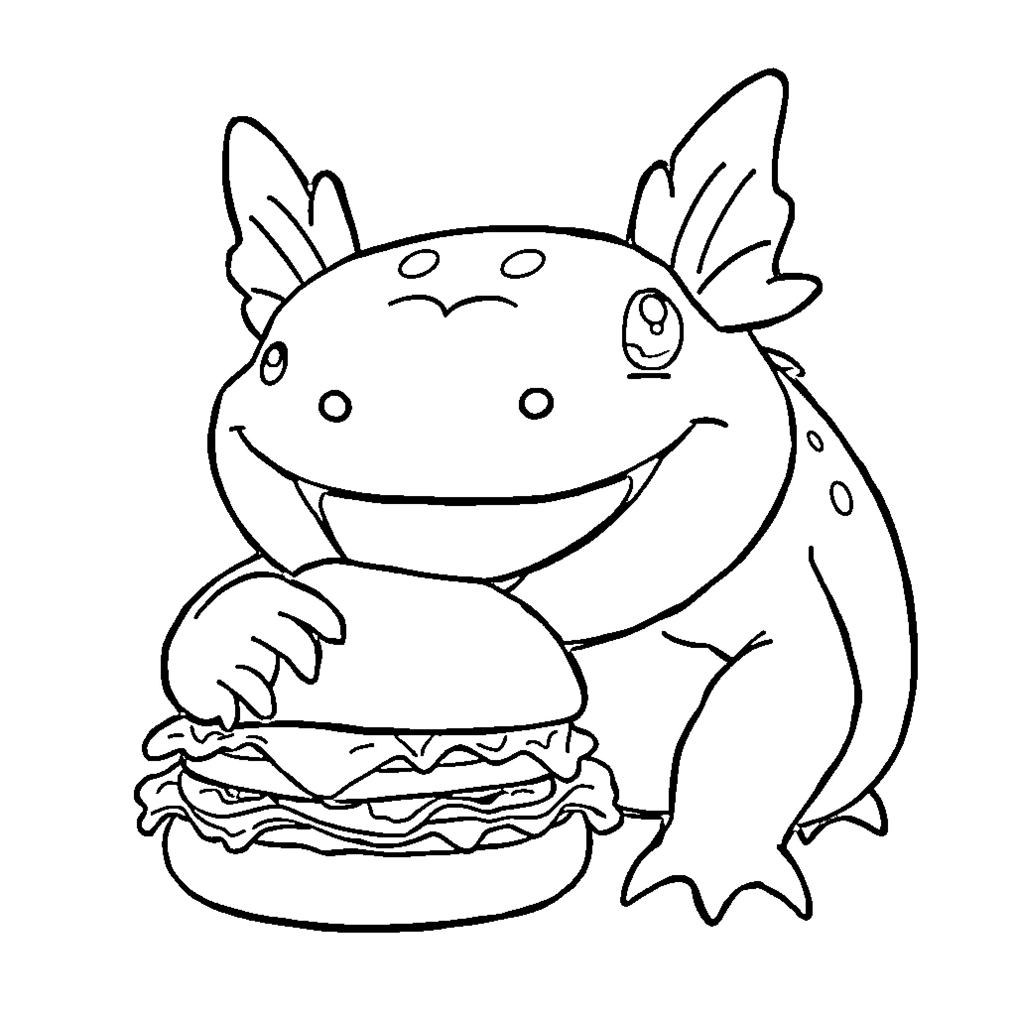Axolotl enjoying a tasty burger Coloring Page (free black-and-white line drawing printable PDF for all, from beginners to advanced learners, including children, teens, adults, and seniors)