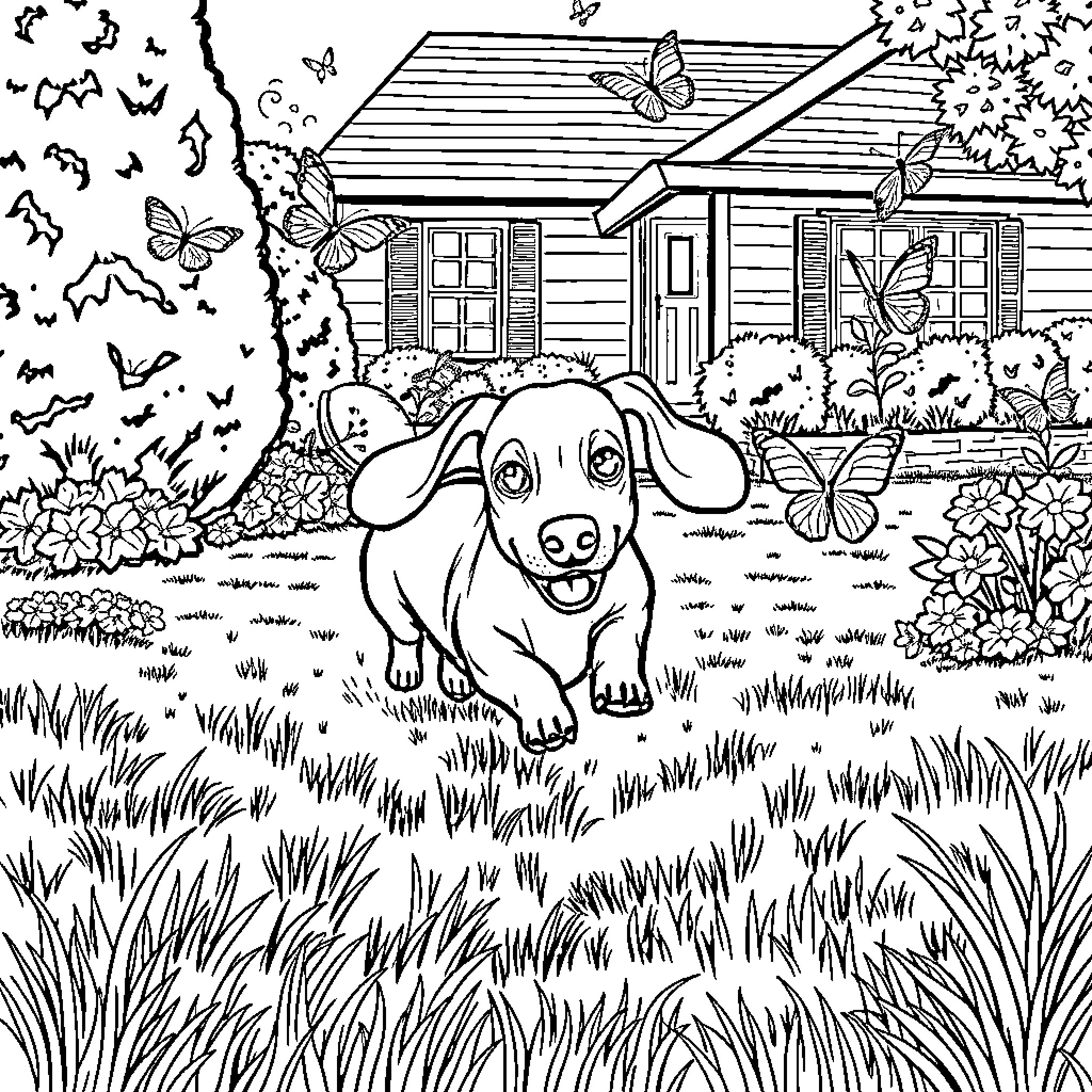 Dachshund exploring a lively backyard Coloring Page (free black-and-white line drawing printable PDF for all, from beginners to advanced learners, including children, teens, adults, and seniors)