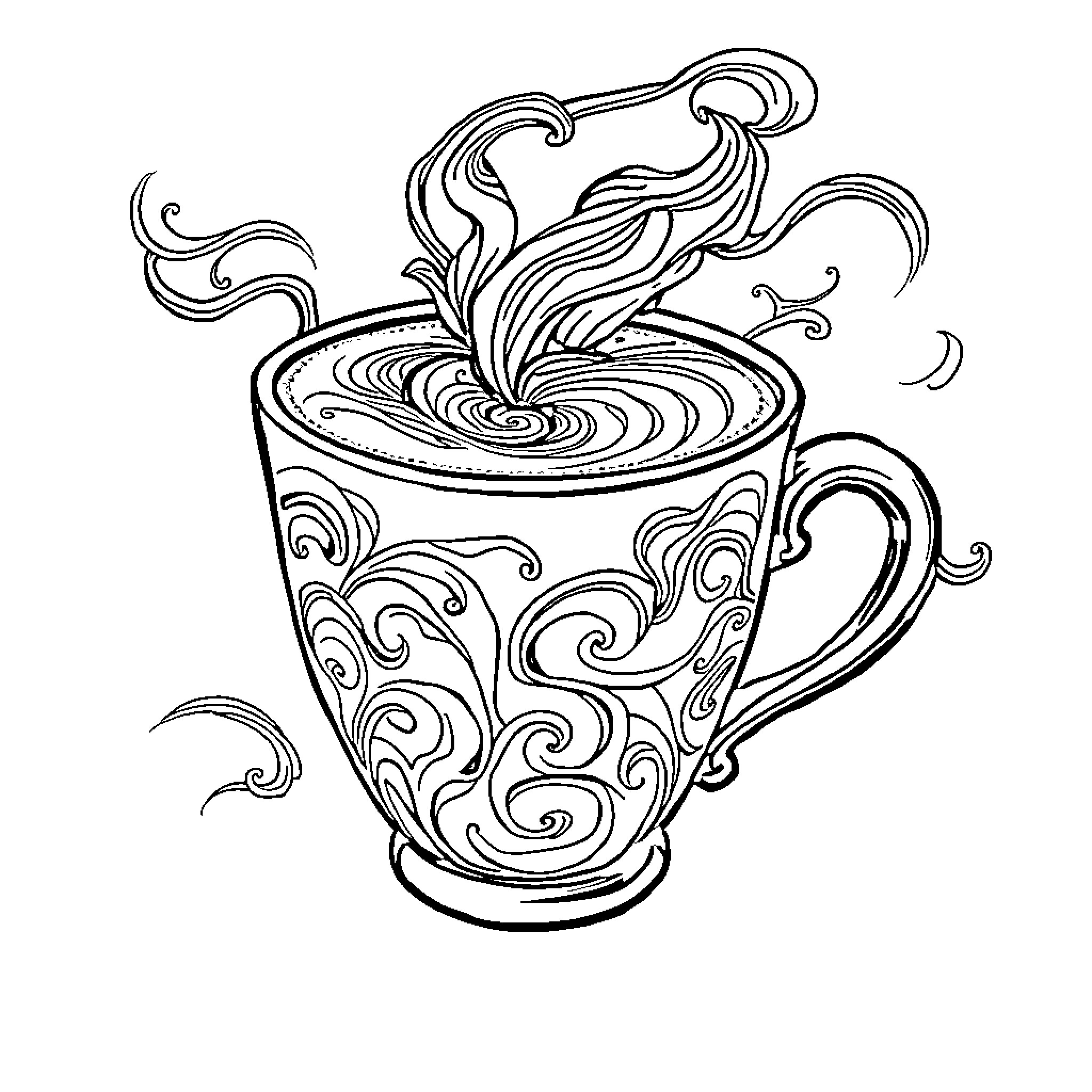 Cappuccino with Swirling Steam and Ornate Cup Coloring Page (free black-and-white line drawing printable PDF for all, from beginners to advanced learners, including children, teens, adults, and seniors)