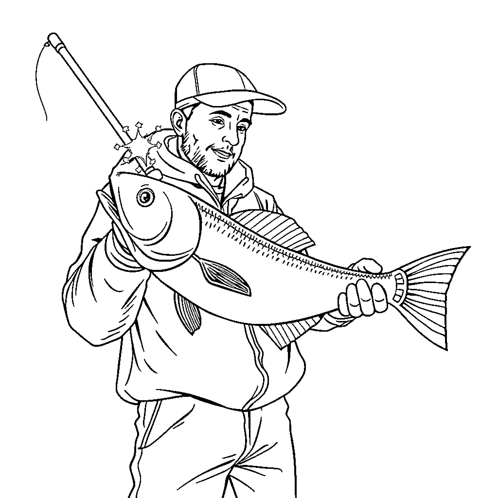 Carp Fisherman Proudly Displaying Catch Coloring Page (free black-and-white line drawing printable PDF for all, from beginners to advanced learners, including children, teens, adults, and seniors)