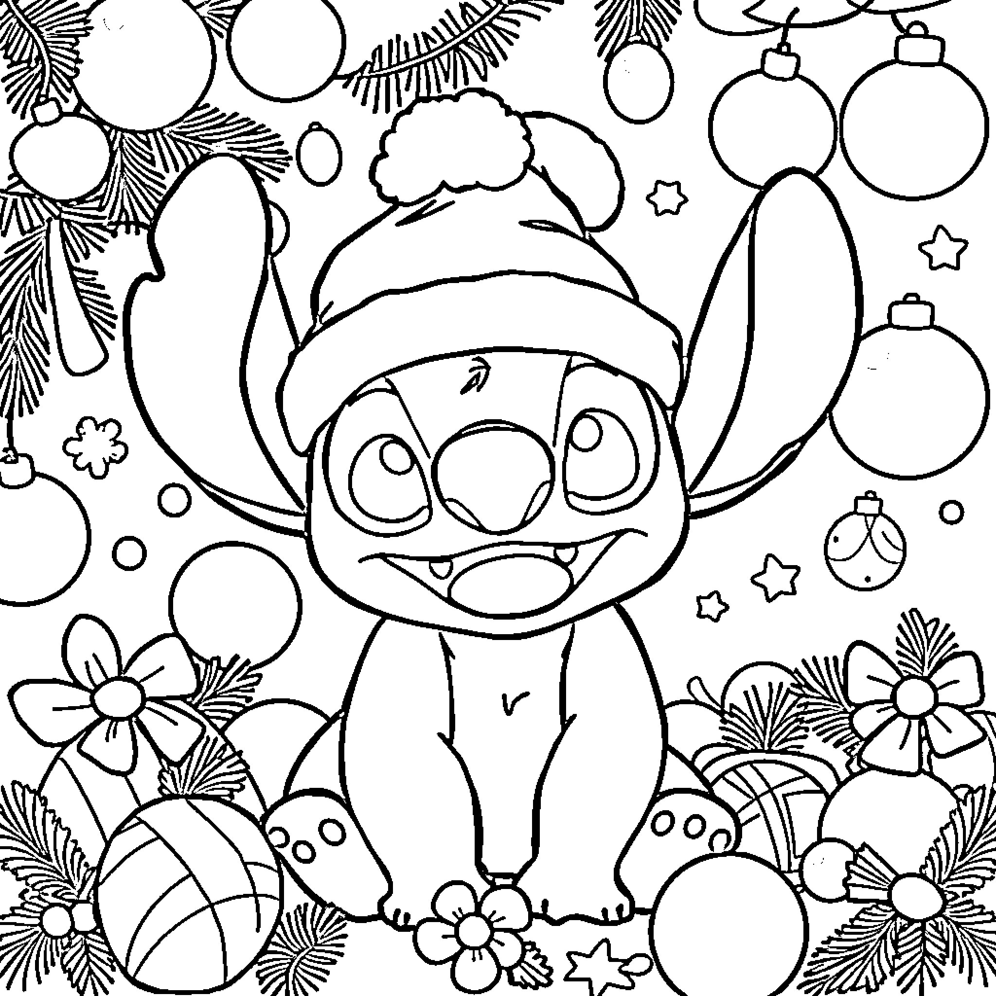 Christmas Stitch Enjoying the Holiday Decorations Coloring Page (free black-and-white line drawing printable PDF for all, from beginners to advanced learners, including children, teens, adults, and seniors)